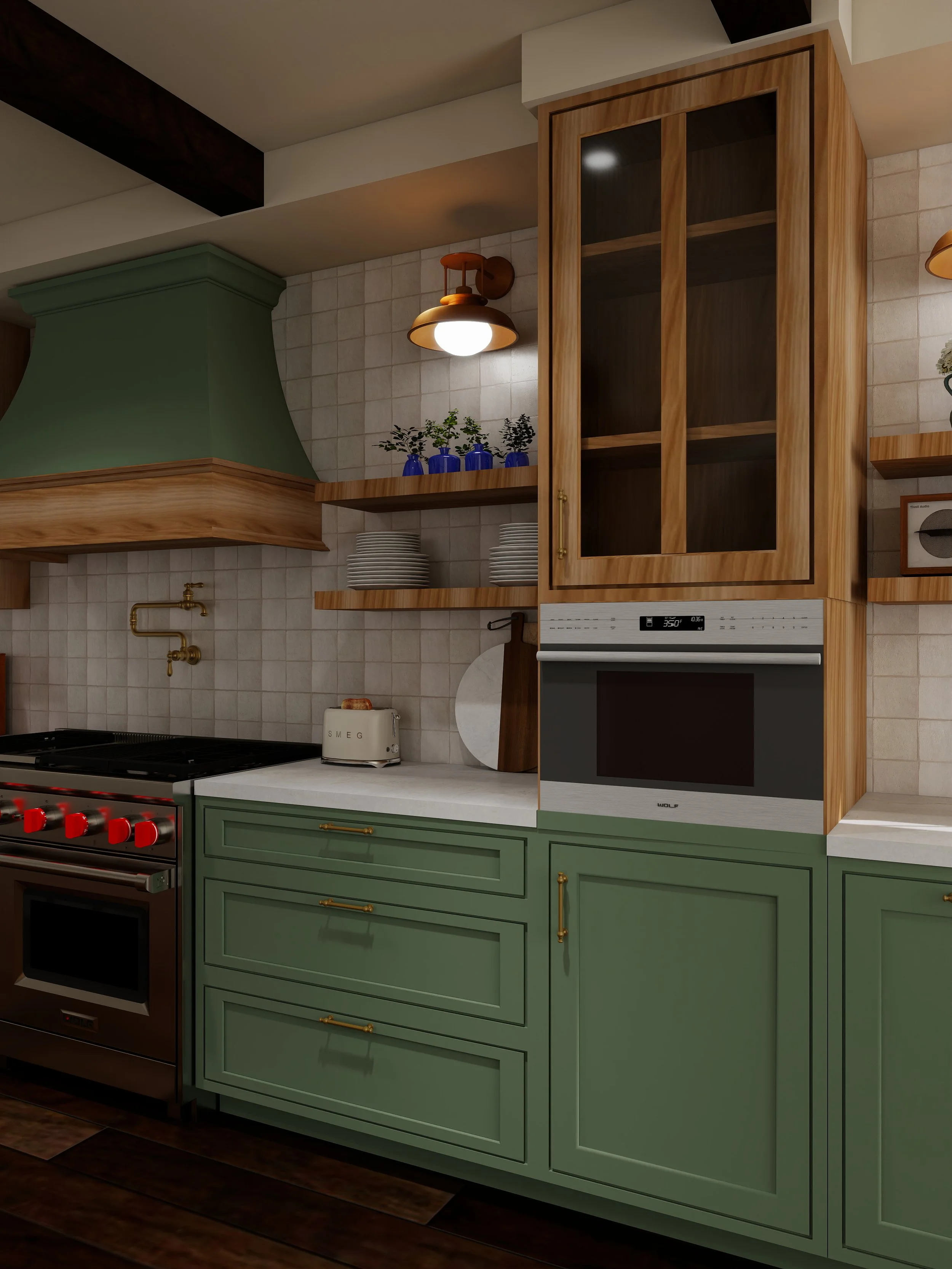 Kitchen with green cabinets, a modern oven with red knobs, open shelves with white plates and blue vases with plants, a wooden cabinet, a green range hood, and a wall-mounted light fixture.