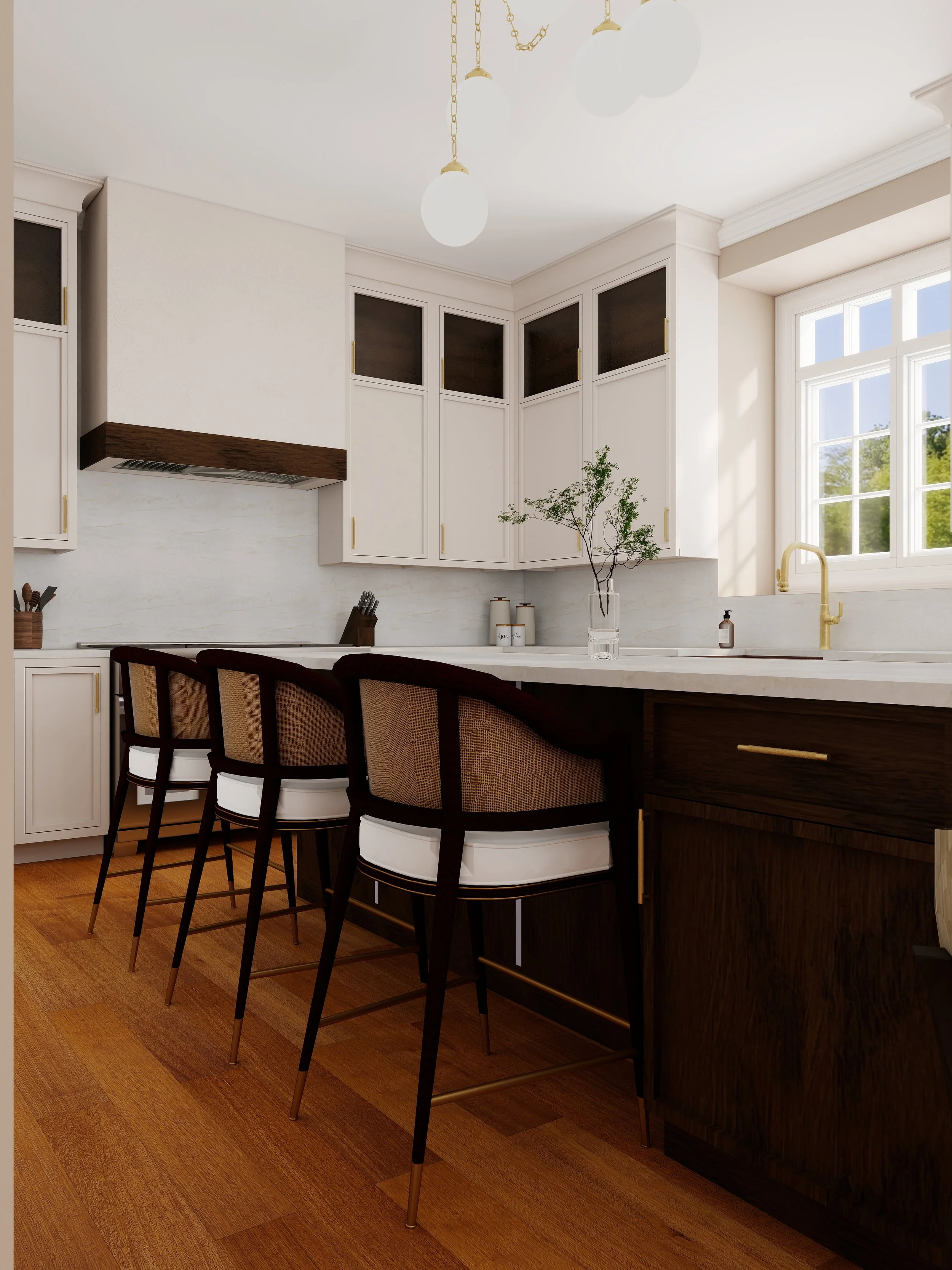 A modern kitchen with white cabinets, a white marble countertop, a gold faucet, a large window, and a kitchen island with four black and beige chairs. There are decorative jars, a potted plant, and a soap dispenser on the countertop, with warm wooden