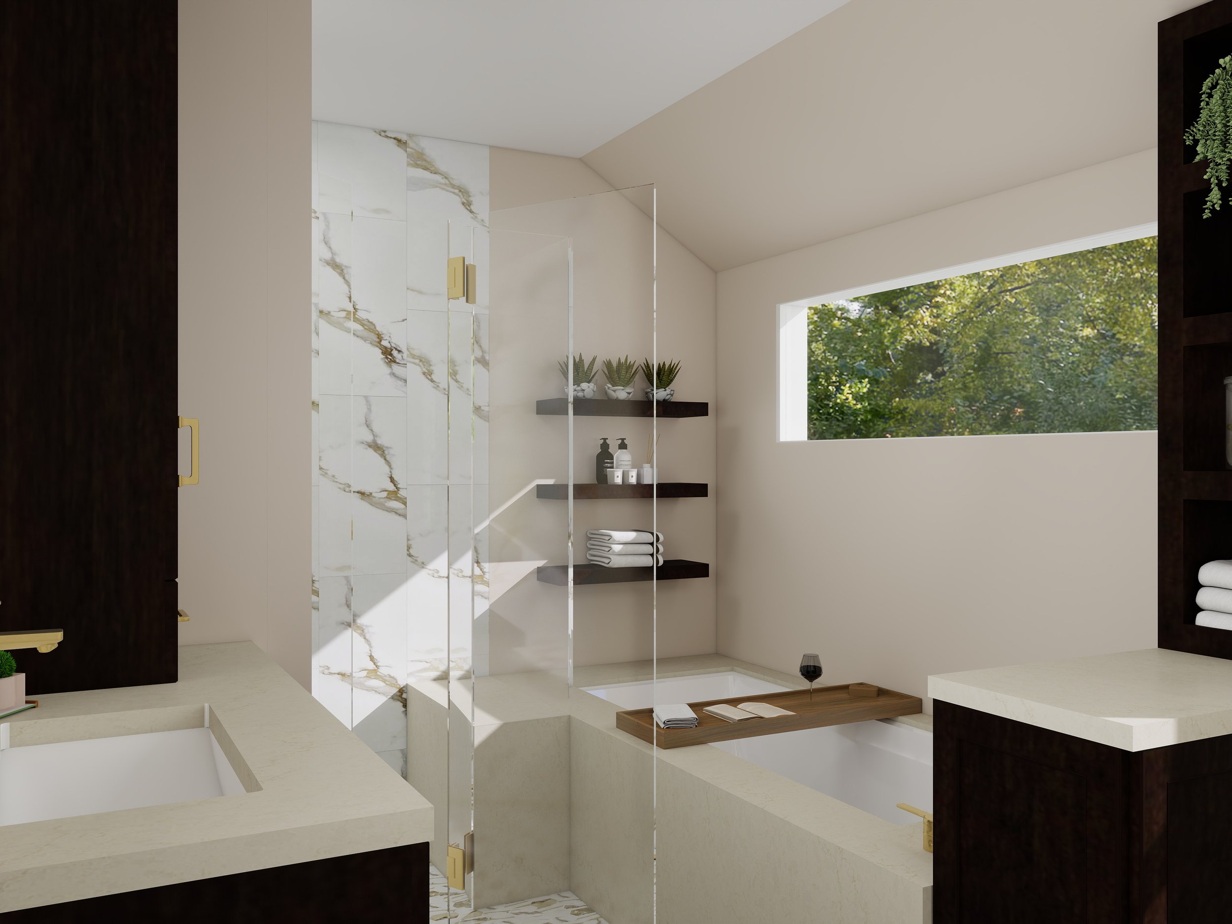 Modern bathroom with large horizontal window showing green trees outside. Shower area with marble wall and glass partition. Shelves with towels and plants. Black and white color scheme.