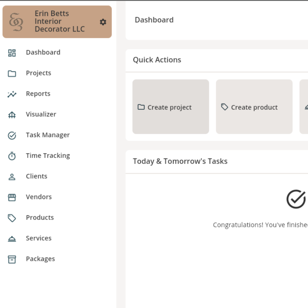 Dashboard of Erin Betts Interior Decorator LLC's business management software showing menu options like Projects, Reports, Visualizer, Task Manager, Time Tracking, Clients, Vendors, Products, Services, and Packages, with quick actions to create new projects and products, and a completion message.