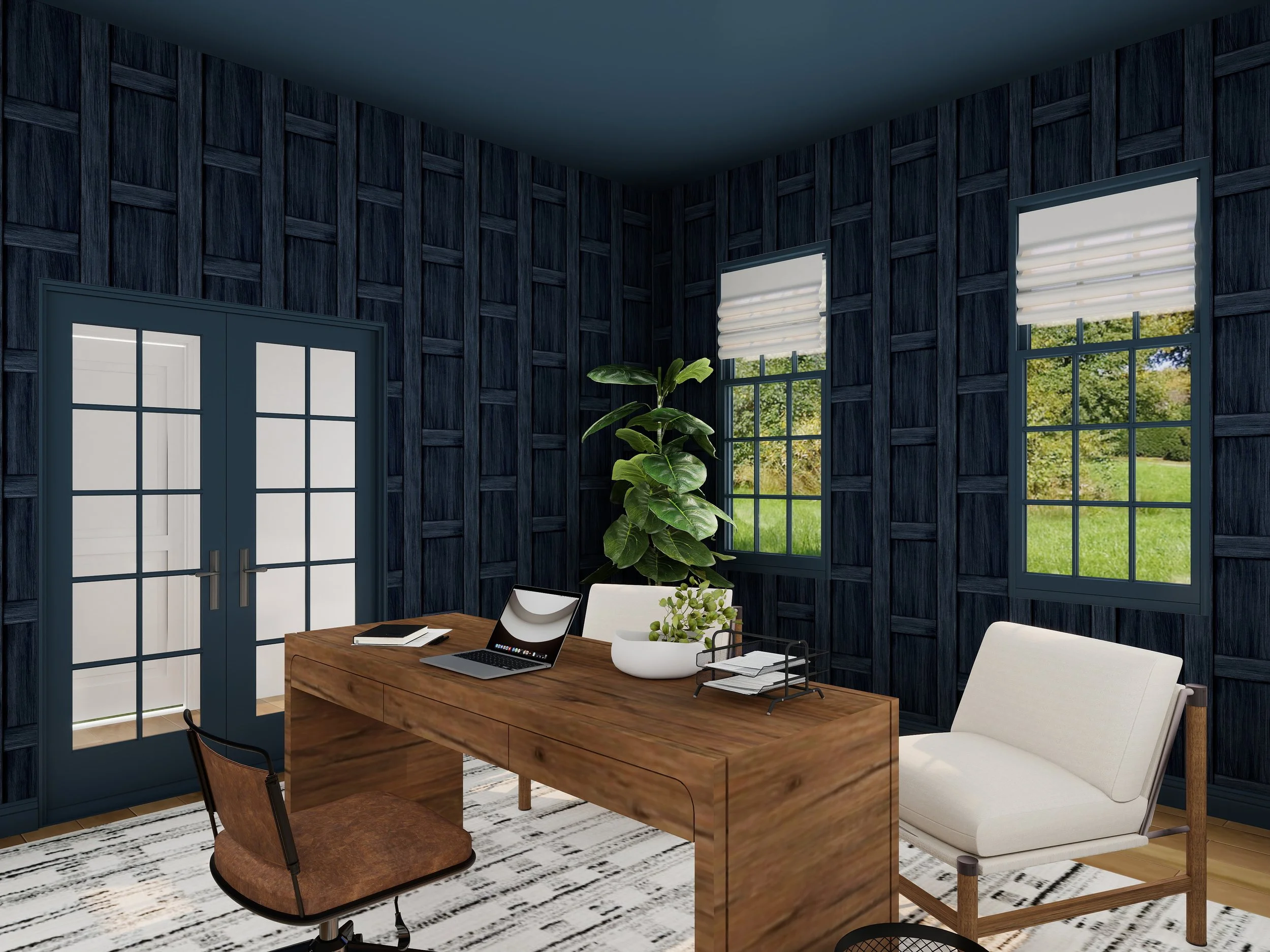 A modern office with dark wooden wall panels, a wooden desk with a laptop, a white lounge chair, a potted plant, and windows with white blinds showing trees outside.