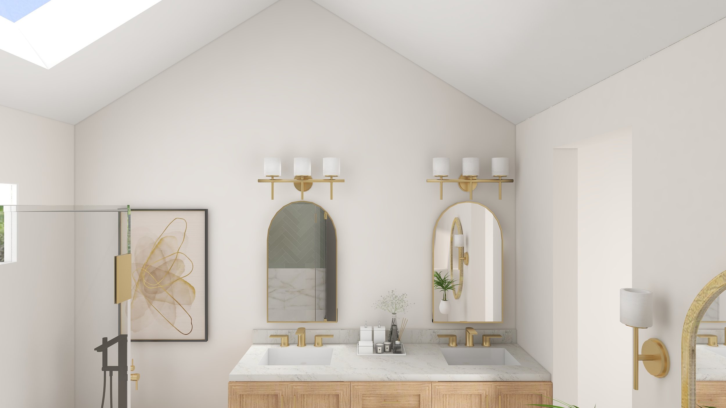 Bathroom vanity with two mirrors, gold fixtures, and wall sconces with white shades. Artwork on the wall, marble countertop, and a small potted plant.