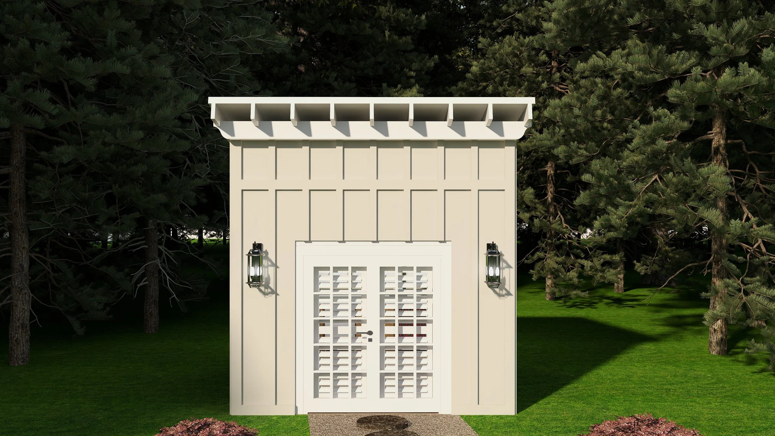Front view of a white shed with double doors, decorated with lanterns on each side, surrounded by trees and grass.