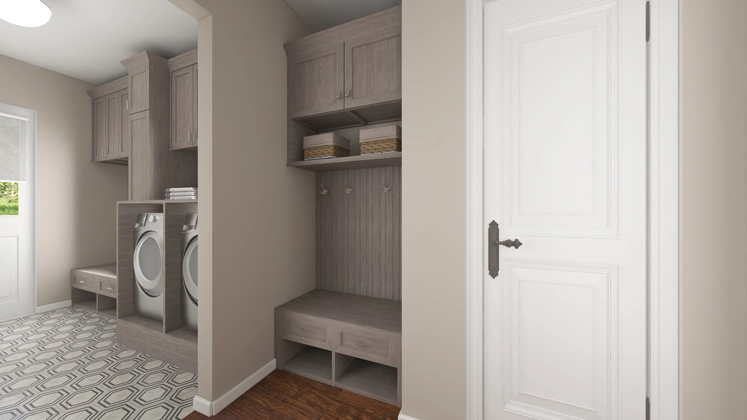 Laundry room with washer and dryer, wooden cabinets, baskets, and a white door.