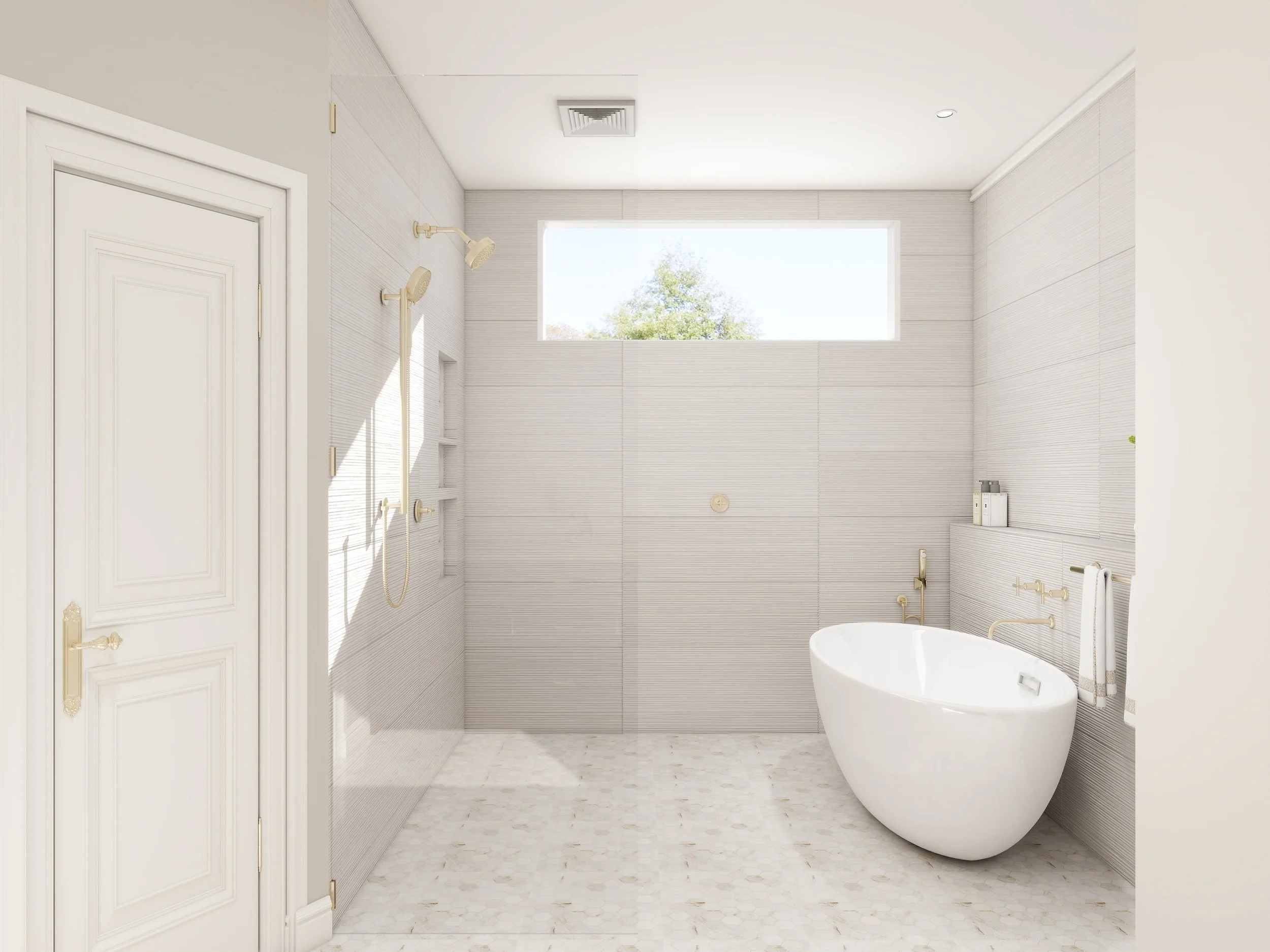 A modern, minimalist bathroom featuring a large bathtub, beige towels, and a window with a view of trees, all in neutral tones.
