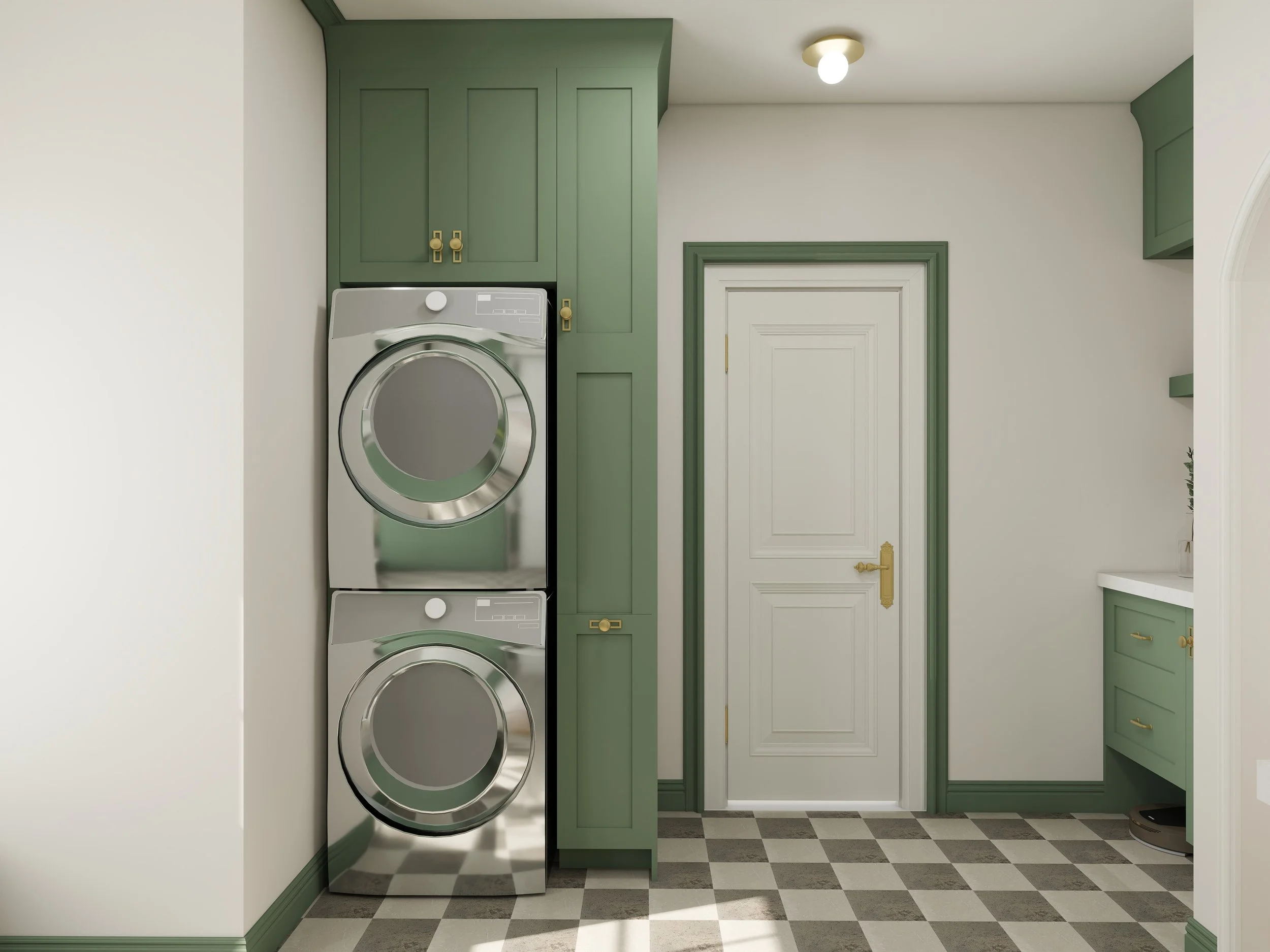A laundry room with green cabinets, a white door with gold hardware, a washer and dryer stacked against the wall, and a checkered tile floor.