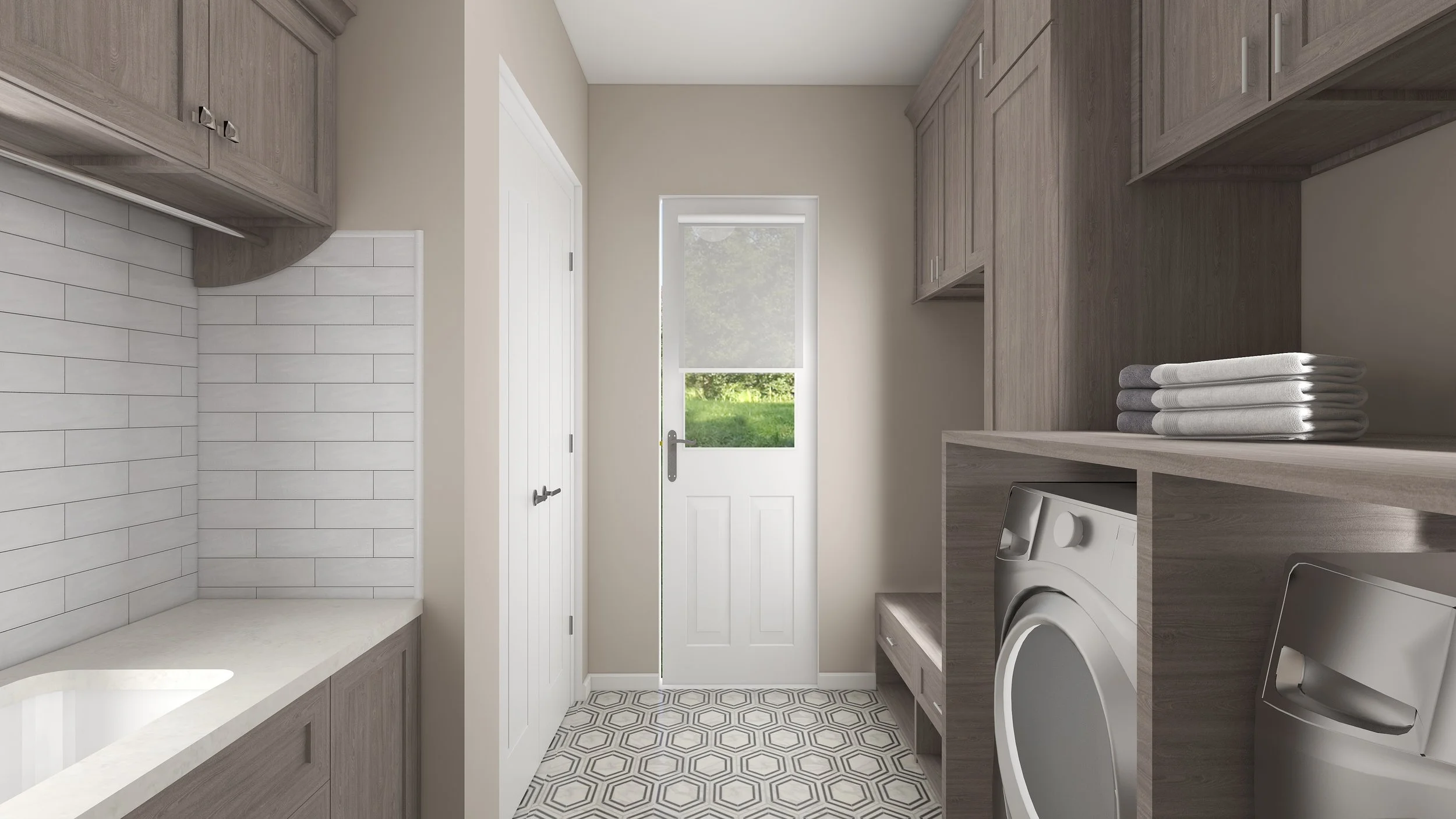 A small laundry room with wood cabinets, a white door with a window, and a window on the back wall showing greenery outside. There are folded towels on the right shelf and a washing machine visible beneath the shelf.