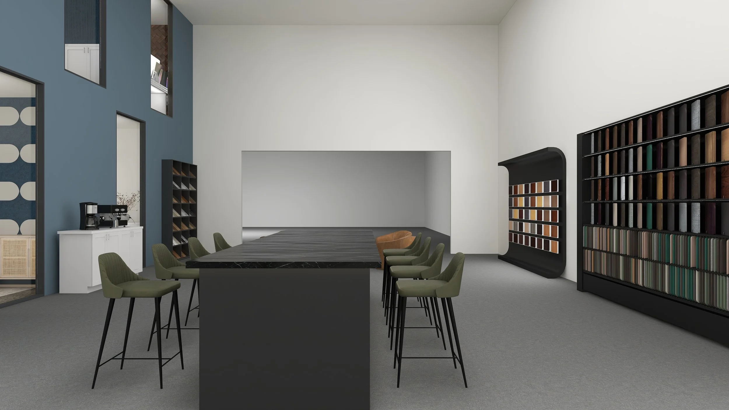 Modern conference room with a long black table, green chairs, a large bookshelf filled with colored samples or books, and a blue accent wall with upper window spaces