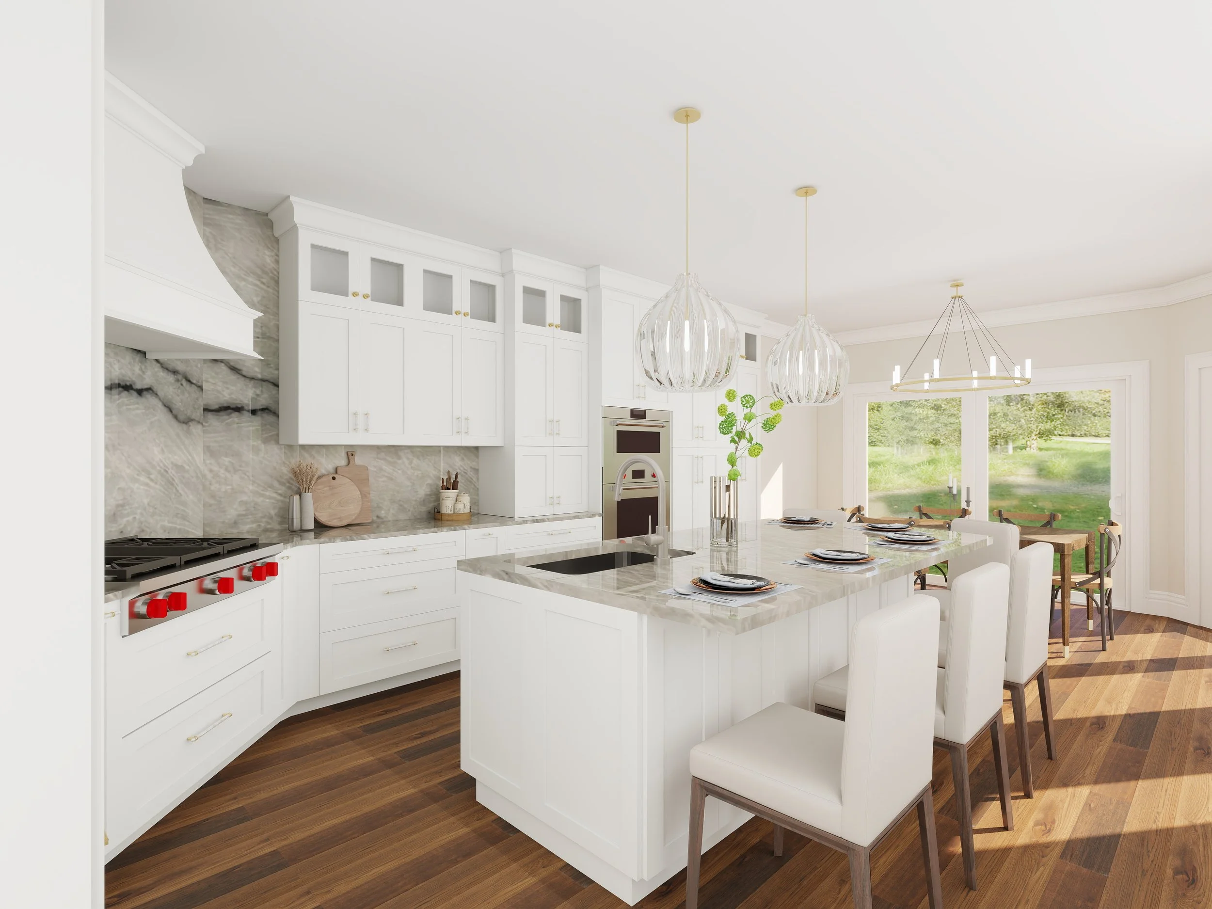 Bright modern kitchen with white cabinets, marble island, pendant lights, wooden flooring, and large windows showing greenery outside.