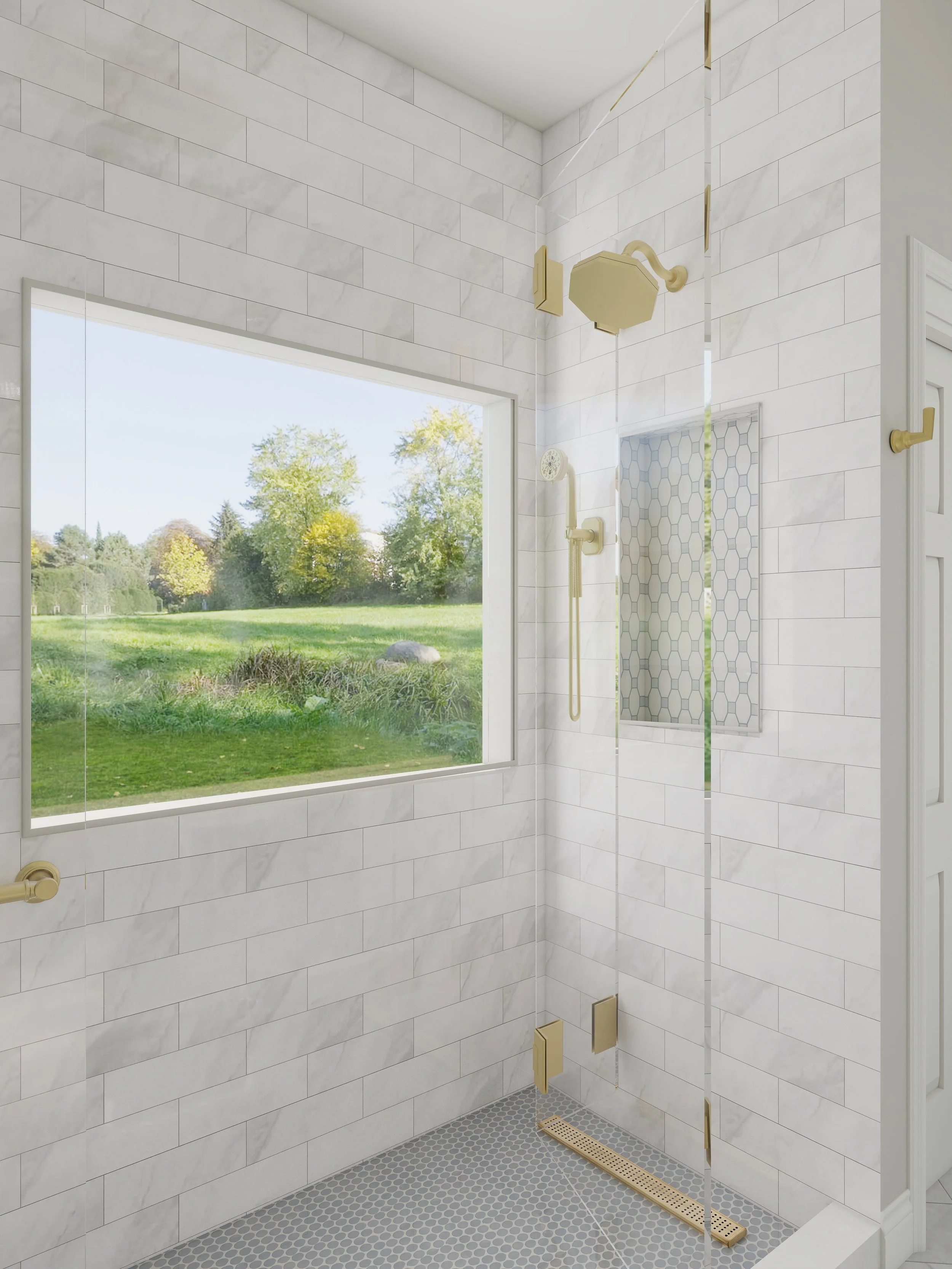Modern walk-in shower with a large window showing a green outdoor landscape. The shower has white tiled walls, gold fixtures, a shower head, a handheld shower wand, and a long drain on the bead floor