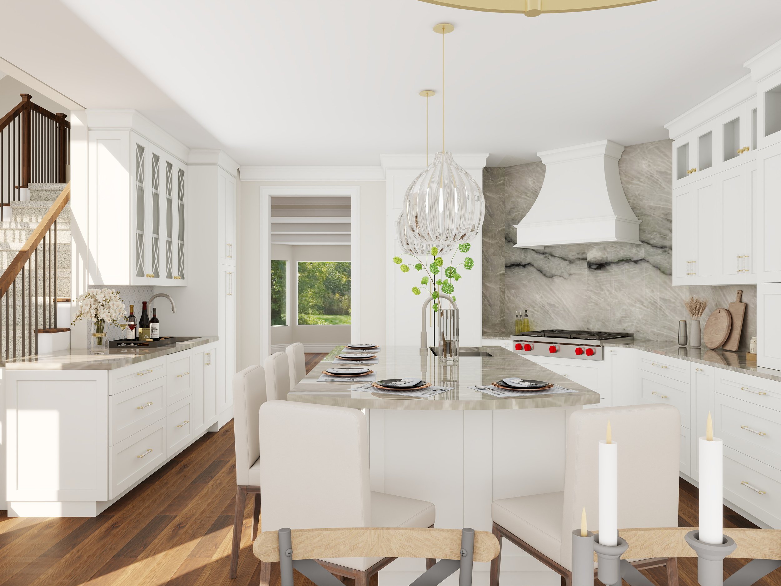 Bright, modern kitchen with white cabinets, marble backsplash, and wooden accents. A dining table with white chairs is set with plates, and a unique, decorative light fixture hangs from the ceiling.