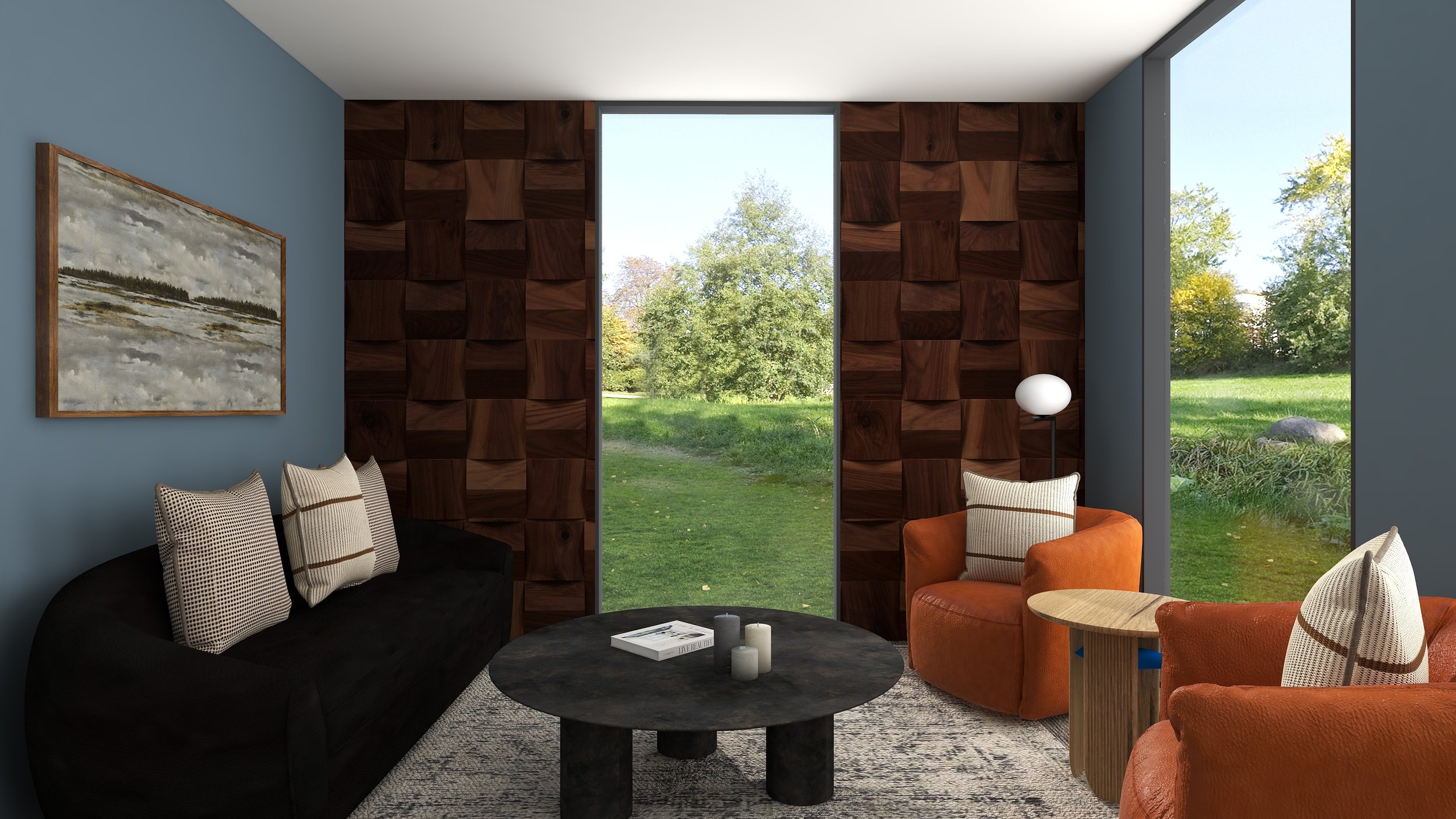 Interior of a modern living room with a dark sofa, orange armchair, and various throw pillows. Large windows reveal a green outdoor landscape. There is a wooden wall panel behind the seating area, a painting on the wall, and a round black coffee tabl