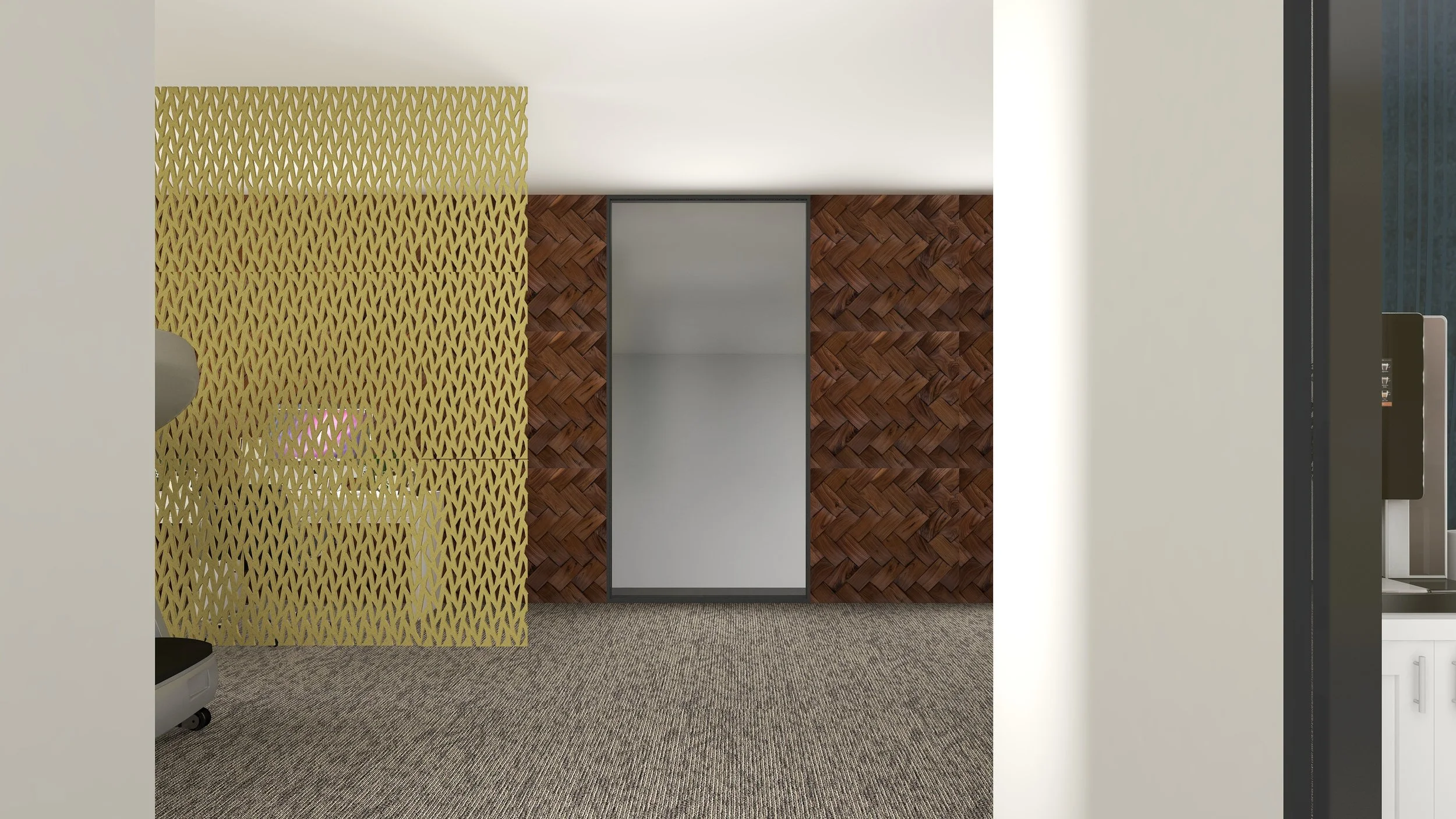 Elevator with wooden panel walls, a glass door, and a beige decorative screen with a diamond pattern on the left side.