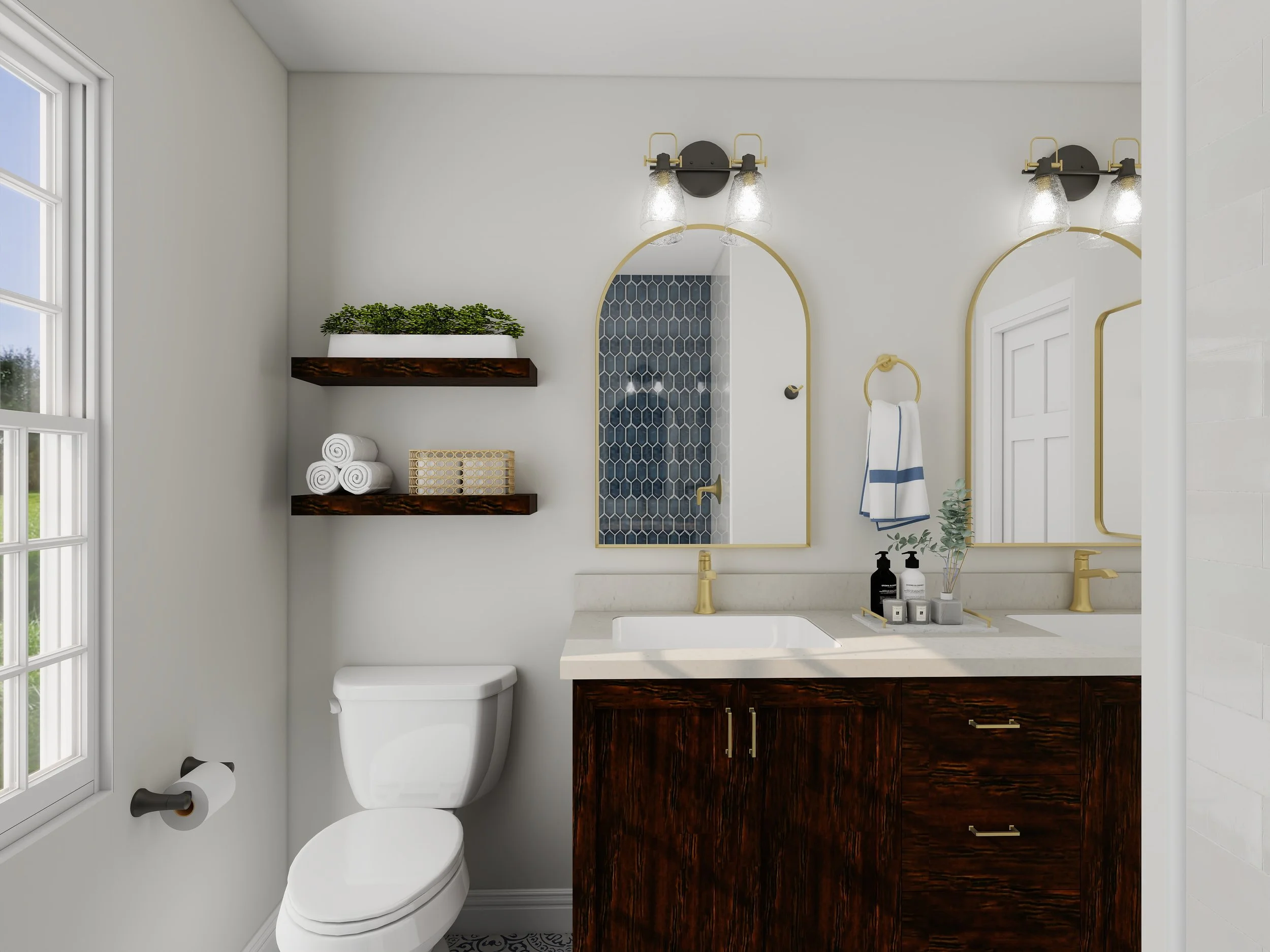Bathroom with a toilet, dark wood vanity with gold handles, and a mirror with gold trim. Wall-mounted light fixtures with glass shades above the mirror. Shelves with plants and towels, window, and a partially visible shower with hexagonal tile inside