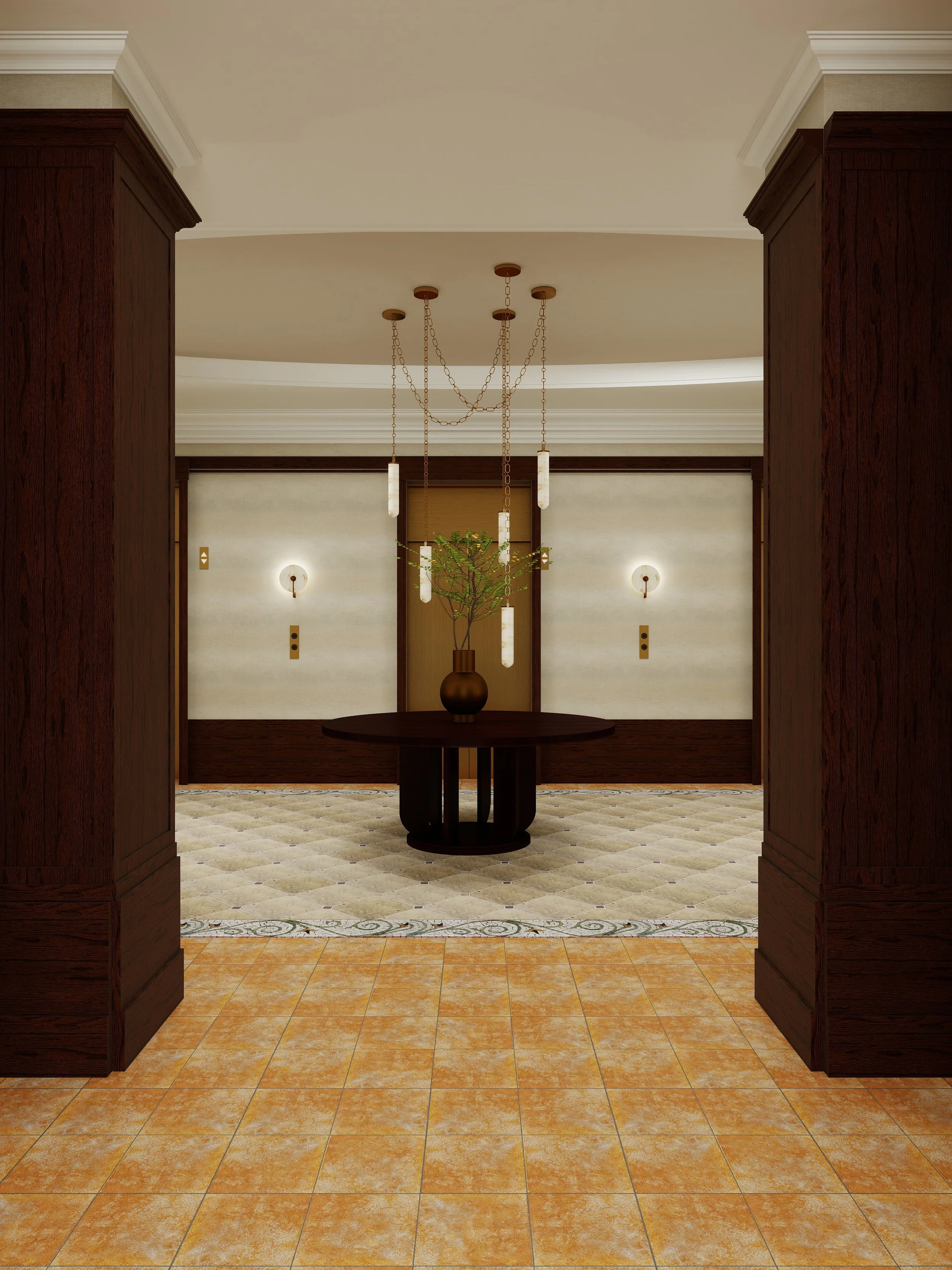 View of an interior space with a decorative ceiling, pendant lighting, a round wooden table, and a potted plant in the center, framed by two dark wooden columns.