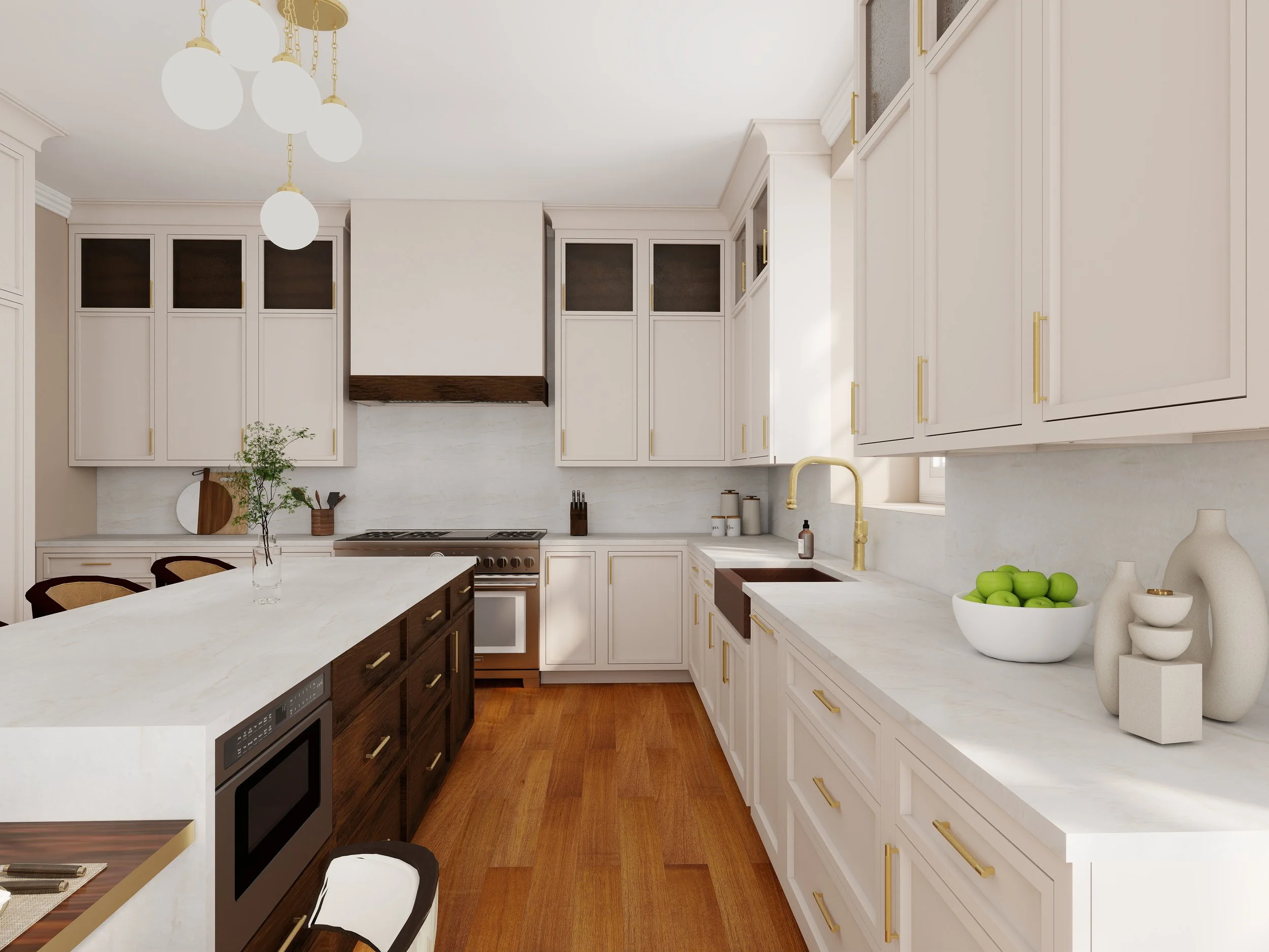A modern kitchen with white cabinets, gold handles, a white marble countertop, a gold faucet, a black stove, and a dining table with chairs. Decor includes a bowl of green apples and vases.