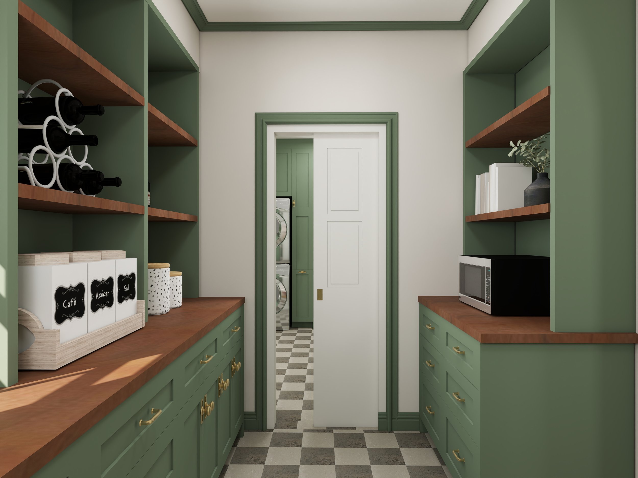 View of a walk-in pantry with green and wood cabinets, countertop space, and a doorway leading to a laundry area with a washing machine. There are shelves with bottles, containers, and books, and a black vase with a plant on the right side.