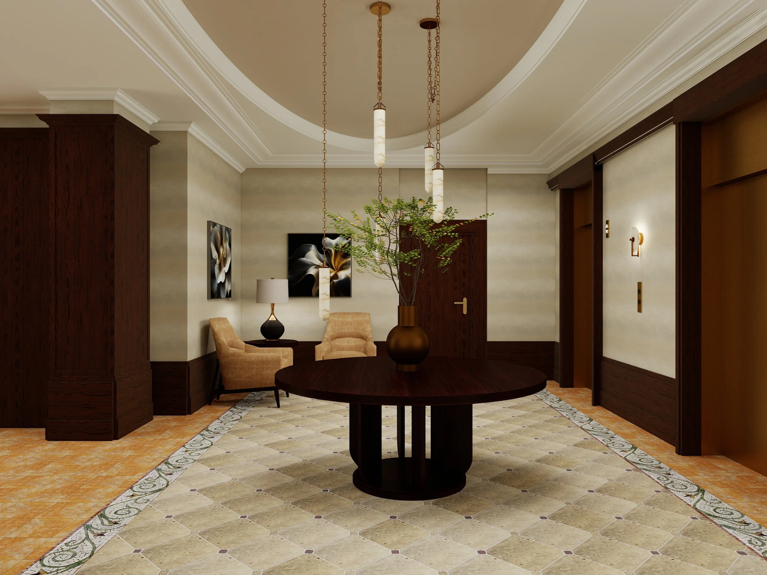 Interior view of a lobby or sitting area with a round dark wood table, two beige armchairs, a large potted plant, wall art, and elegant hanging light fixtures.