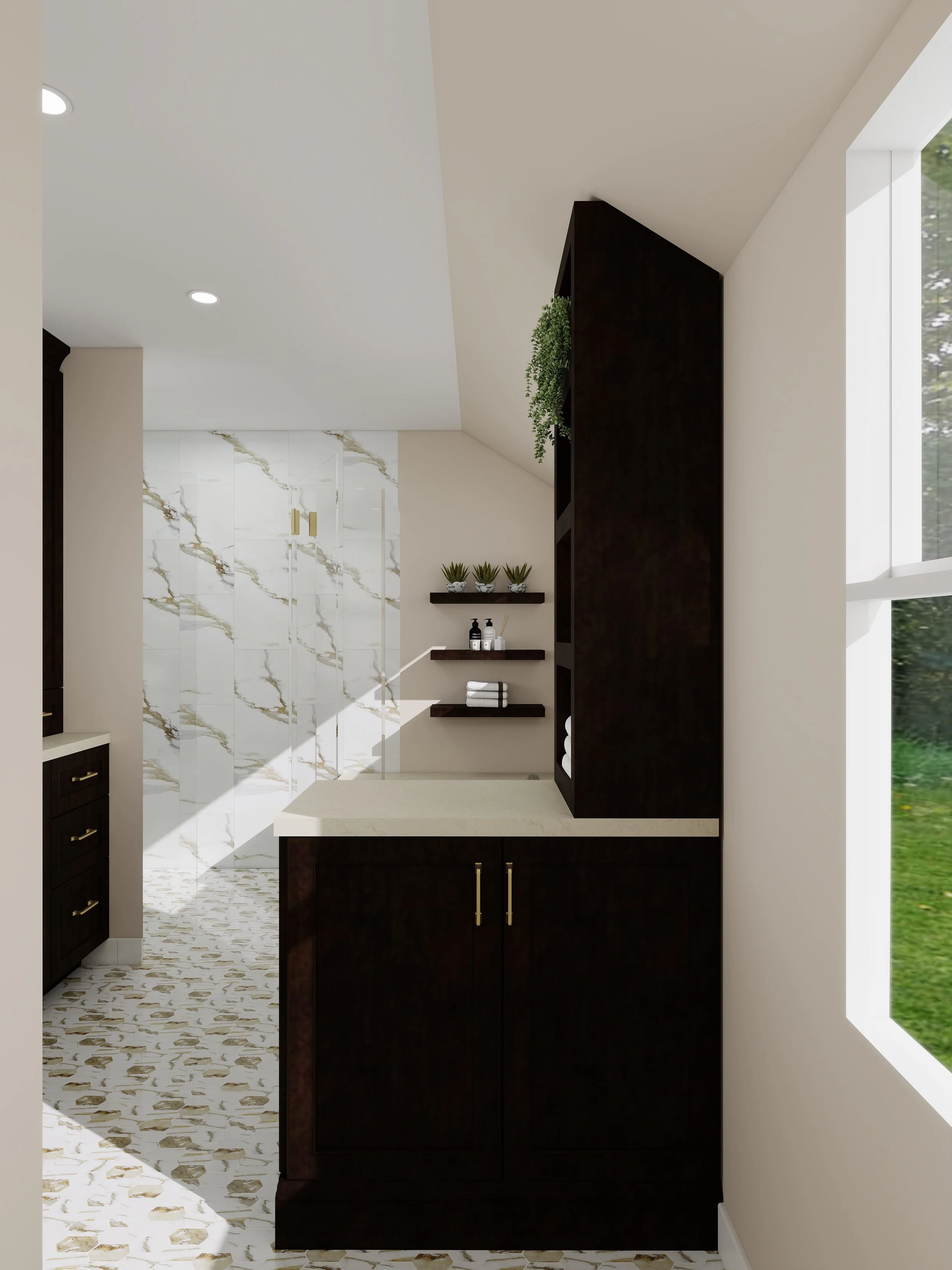 View of a modern bathroom with a dark wooden vanity, white marble wall with gold accents, and natural light coming through a large window.