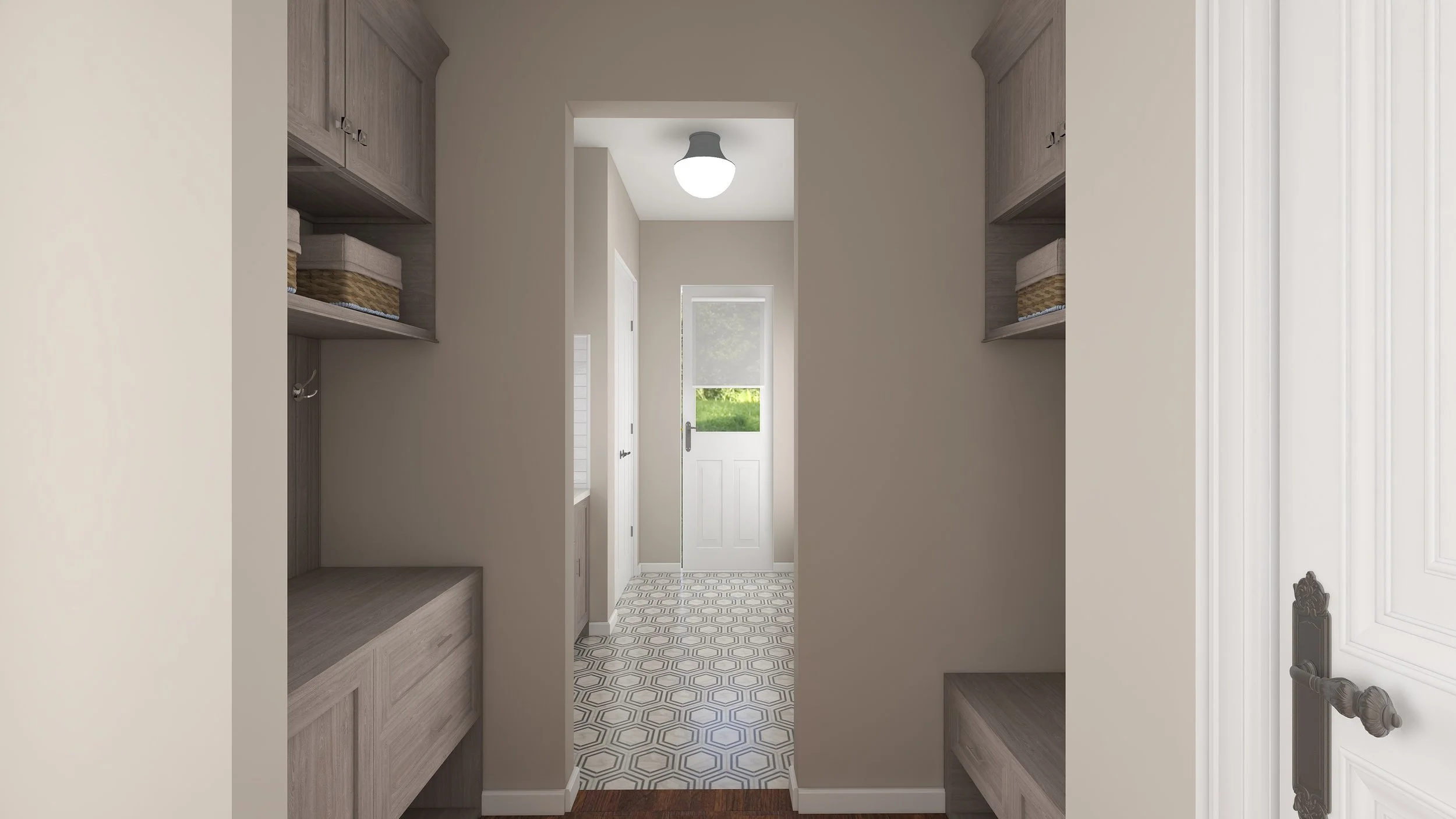 View of a narrow entryway with built-in wooden cabinets on both sides, leading to a back door with a window showing greenery outside. The ceiling has a modern light fixture, and the floor features patterned tiles.