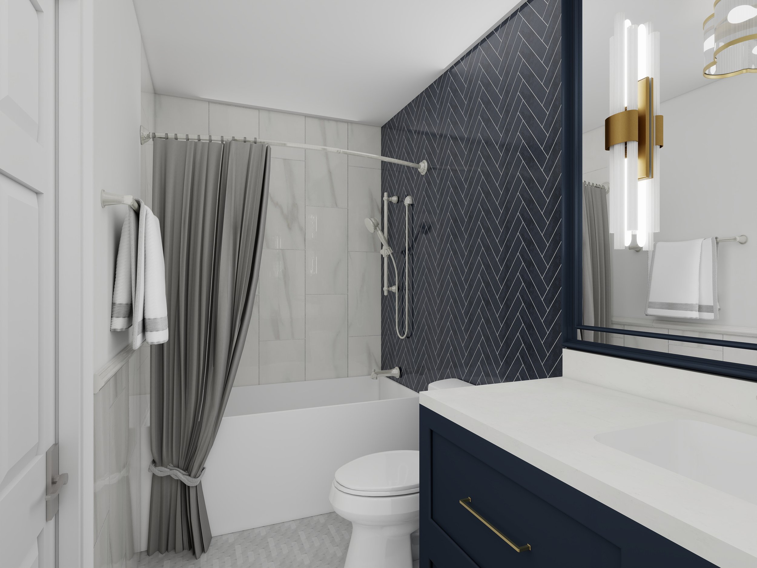 Modern bathroom with white marble walls, dark herringbone tiling on a partition wall, a white bathtub with gray shower curtain, a blue vanity with a white countertop, and contemporary lighting fixtures.