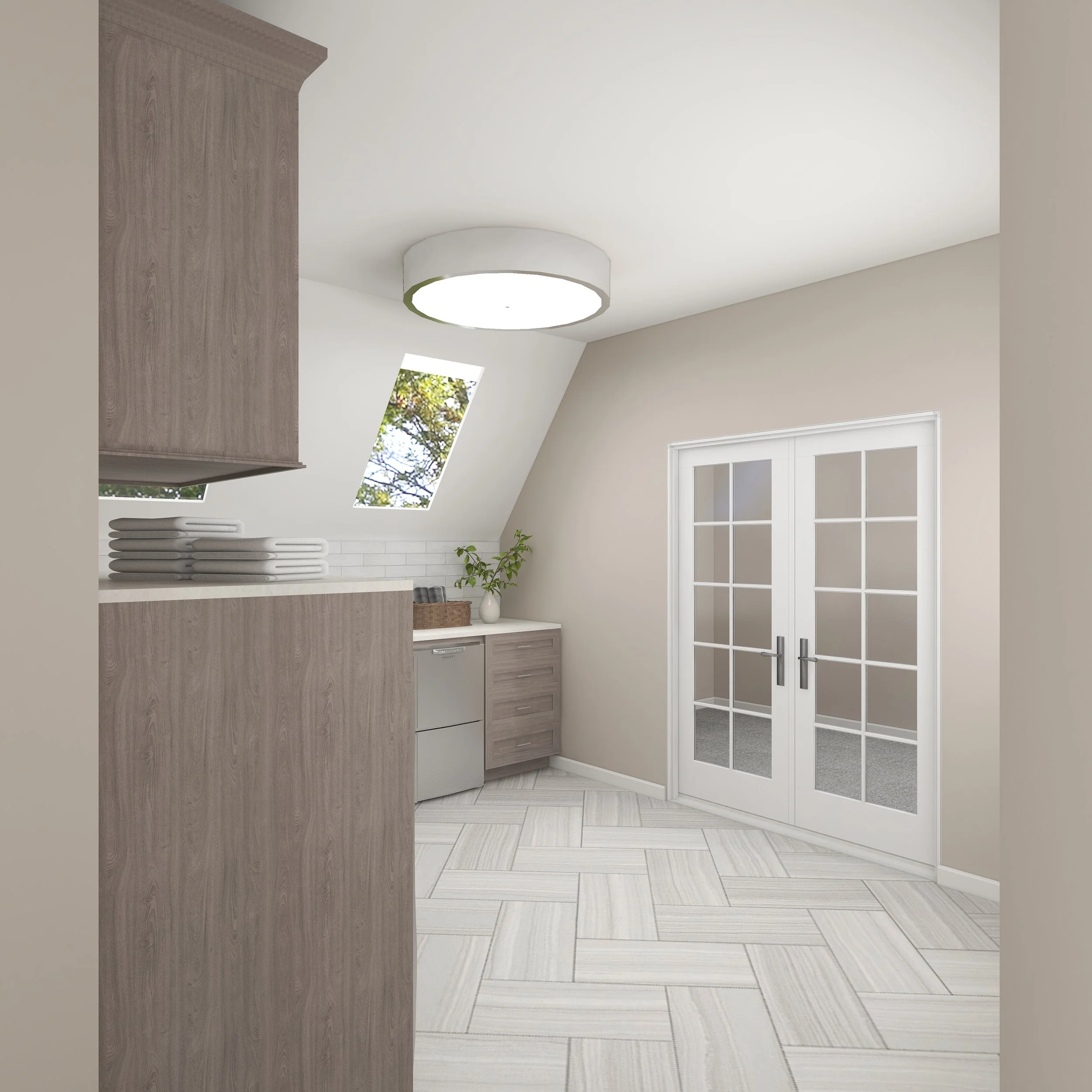 A room with a ceiling light, a window showing trees outside, a white double door, and a small counter with folded towels and a white vase.