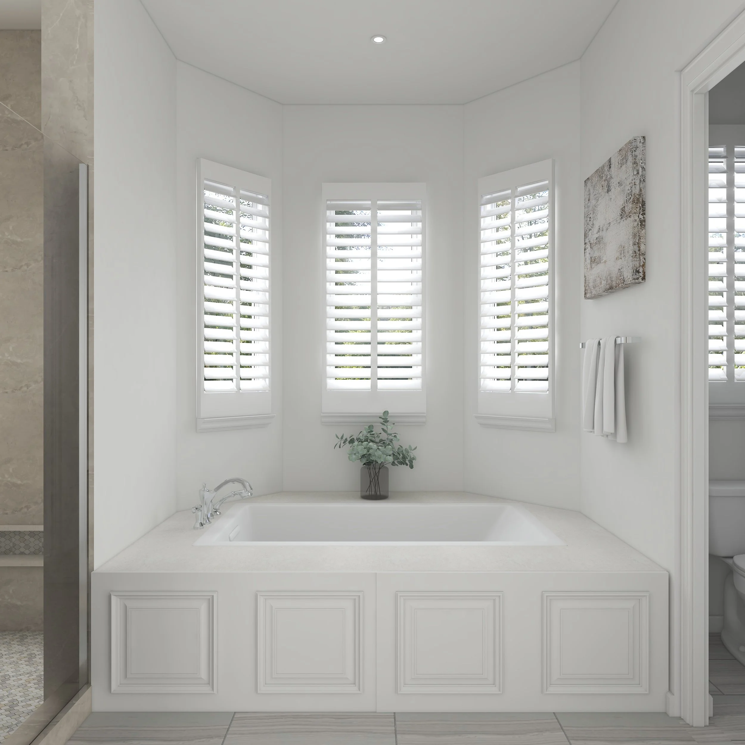 Bathroom window with white shutters and a small plant on the ledge, seen from in front of a white vanity with a faucet.