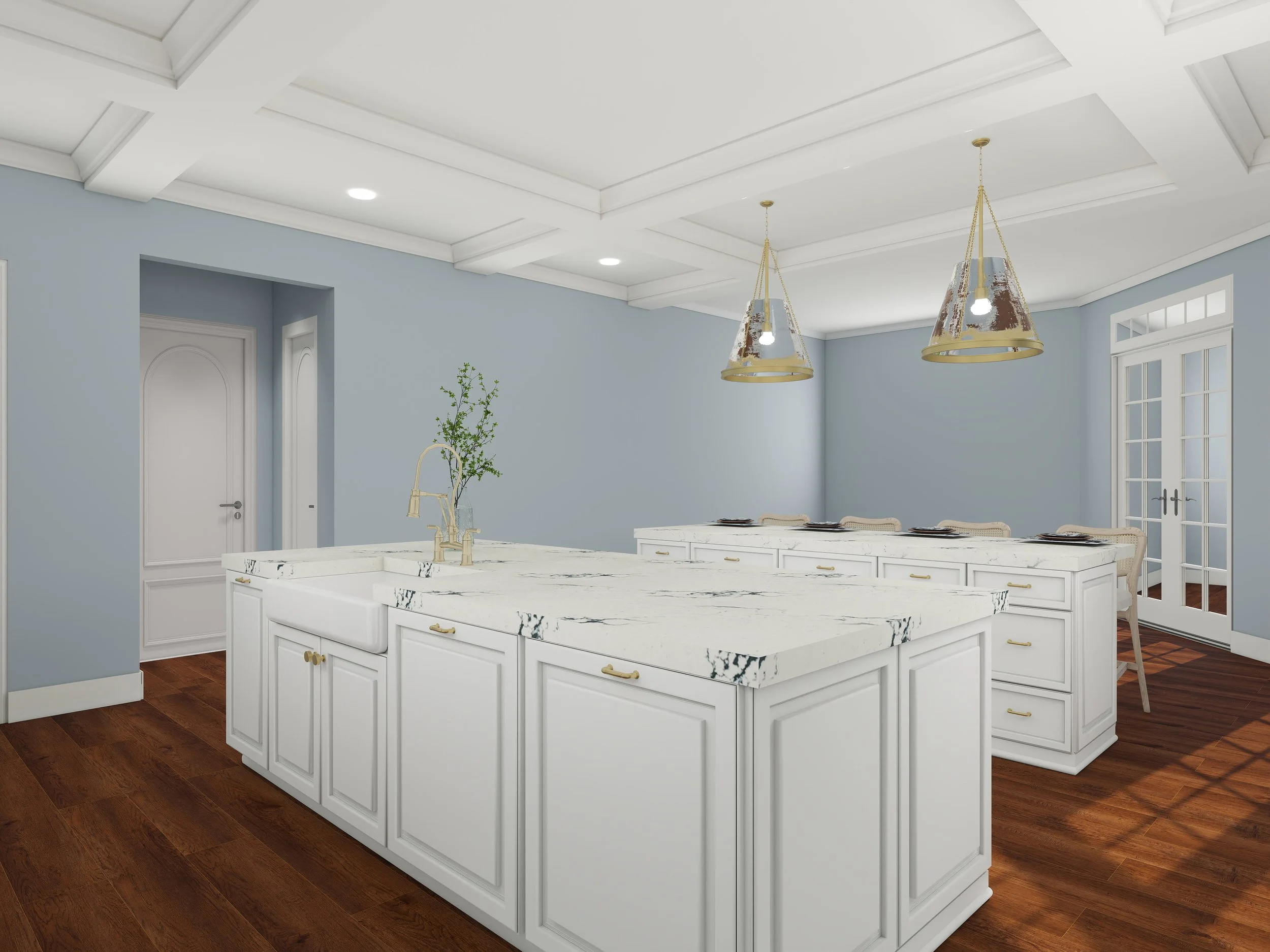 A modern kitchen with white marble island, light blue walls, and wooden floors. Two rustic pendant lights hang over the island. There is a white door with an arched top and a windowed door in the background, and a small potted plant on the island.