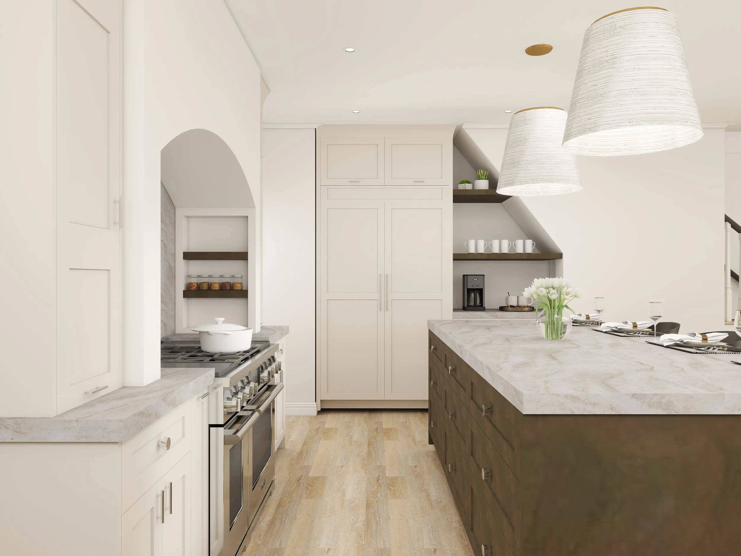 Modern kitchen with white cabinets, a marble countertop, a stainless steel oven, and a dark wood kitchen island. Pendant lights hang above the island, and there is a vase of white flowers on the counter.