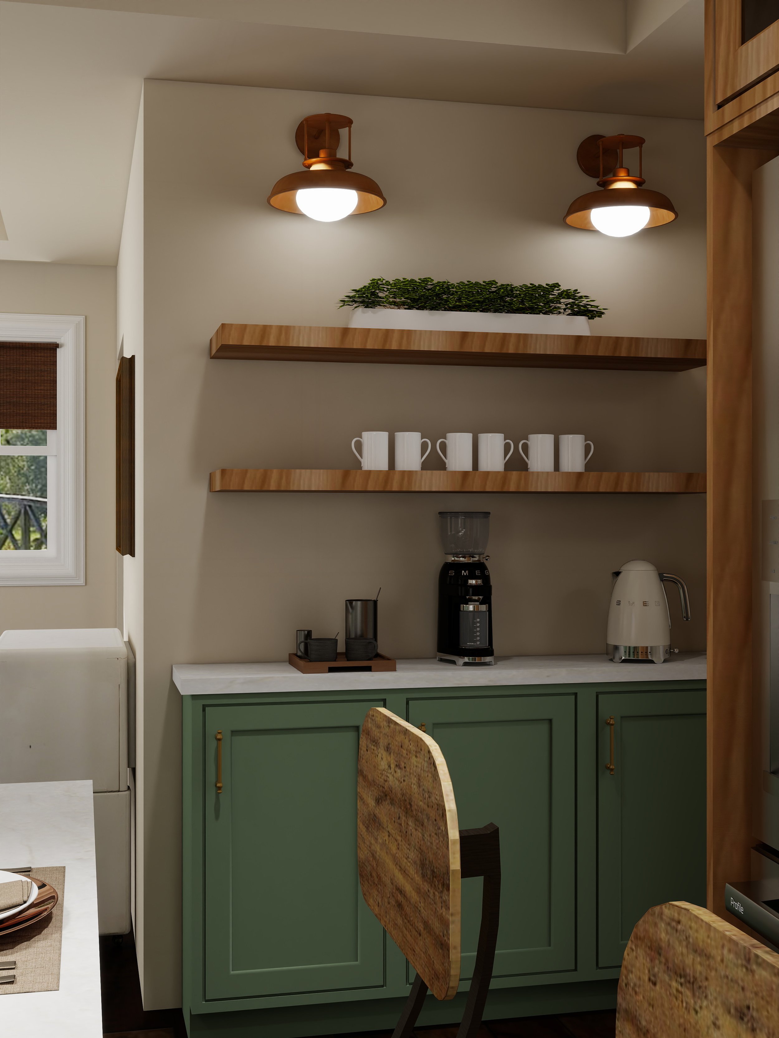 A kitchen corner with green cabinets, wooden shelves, and a coffee maker, kettle, and cups on the counter, with a window and wall lights above.