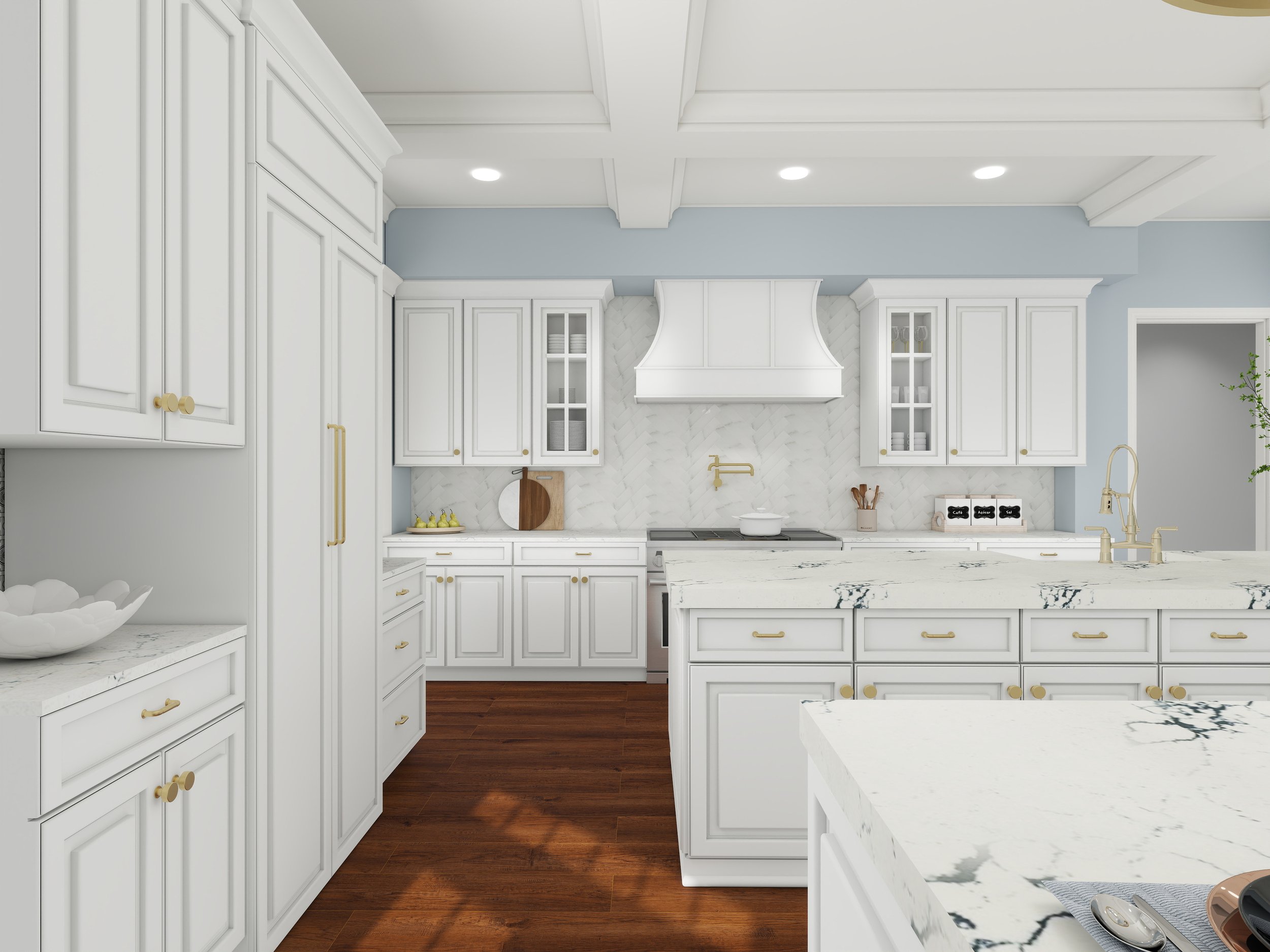 A modern kitchen with white cabinetry, marble countertops, and hardwood flooring. The ceiling has recessed lighting, and there is a plant on the right side.