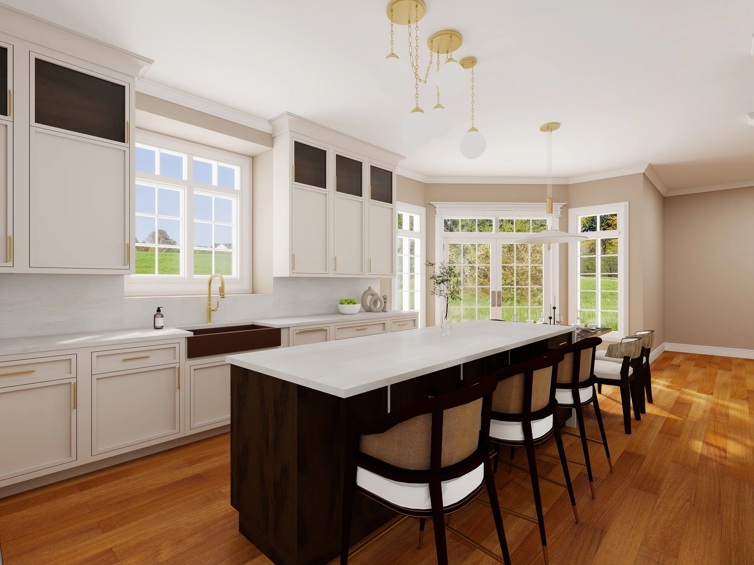 Bright, modern kitchen with white cabinets, a large island with dark wood base, white countertops, and a gold accent faucet. Multiple large windows let in natural light and show a green outdoor landscape. Decor includes bowls and decorative objects, 