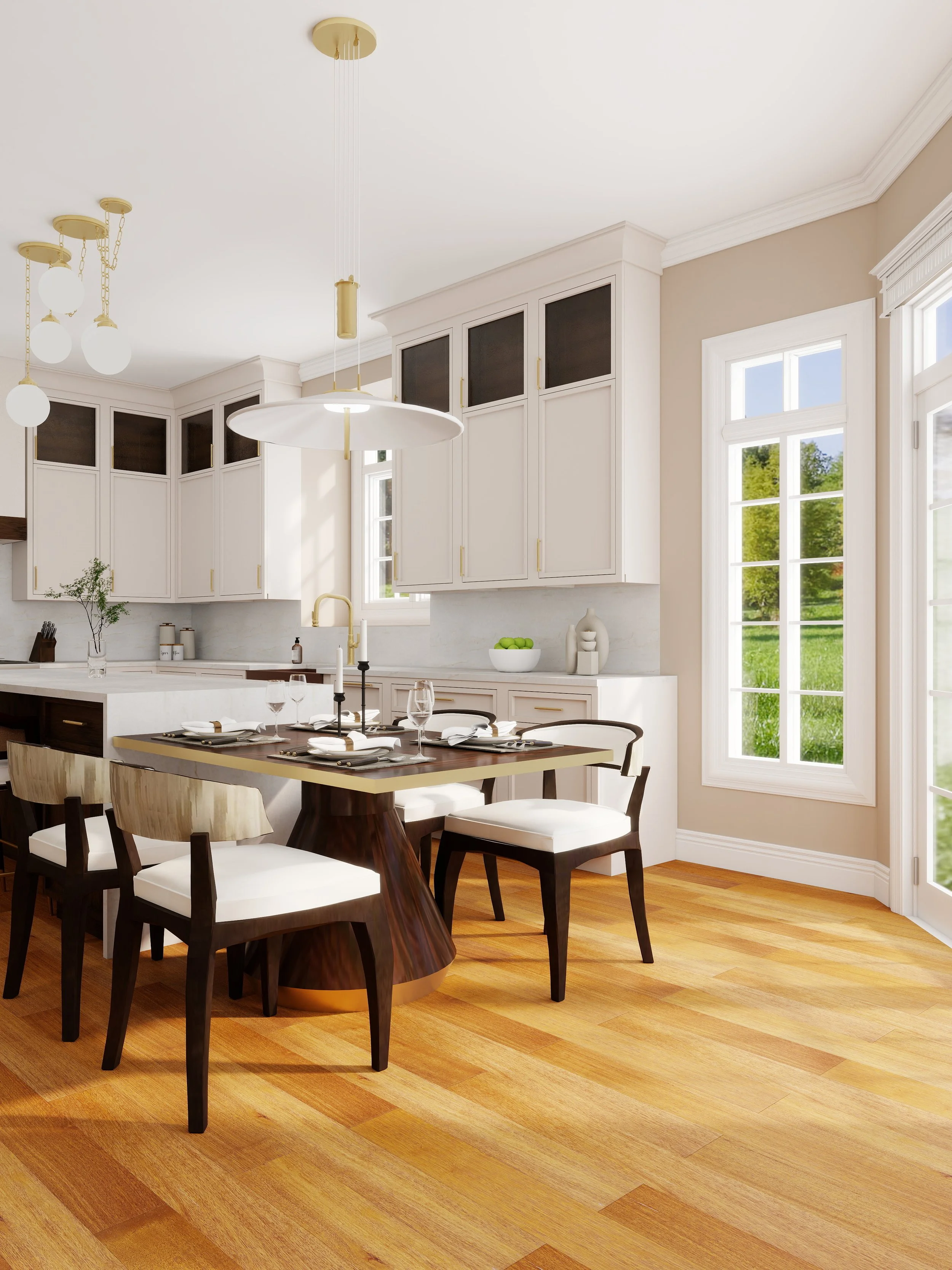 A modern kitchen with white cabinetry, large windows, a wooden dining table set with plates and glassware, and hardwood flooring.