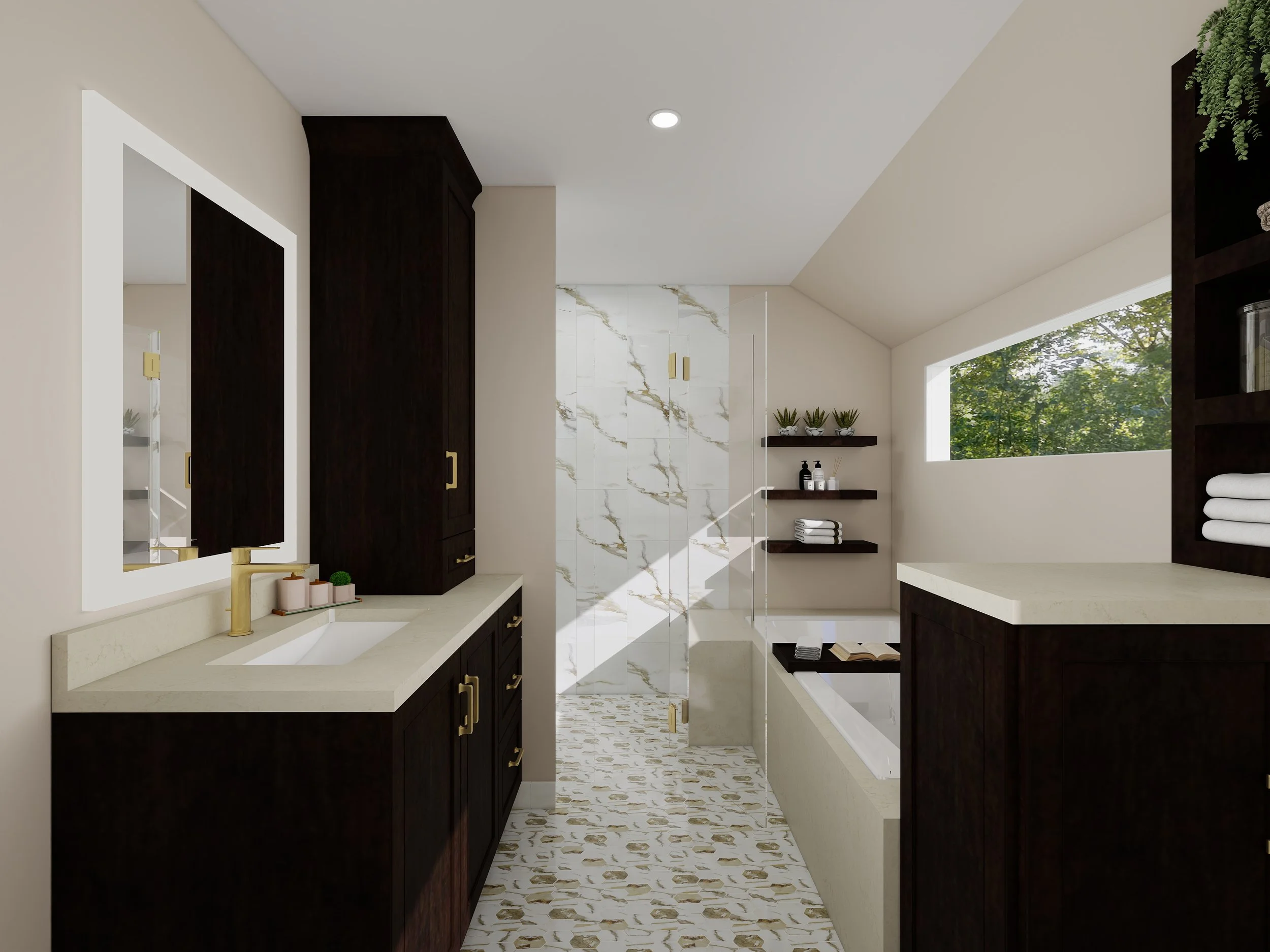 Modern bathroom with dark wood cabinets, marble walls, large mirror, potted plants, towels, and a window showing green trees outside.