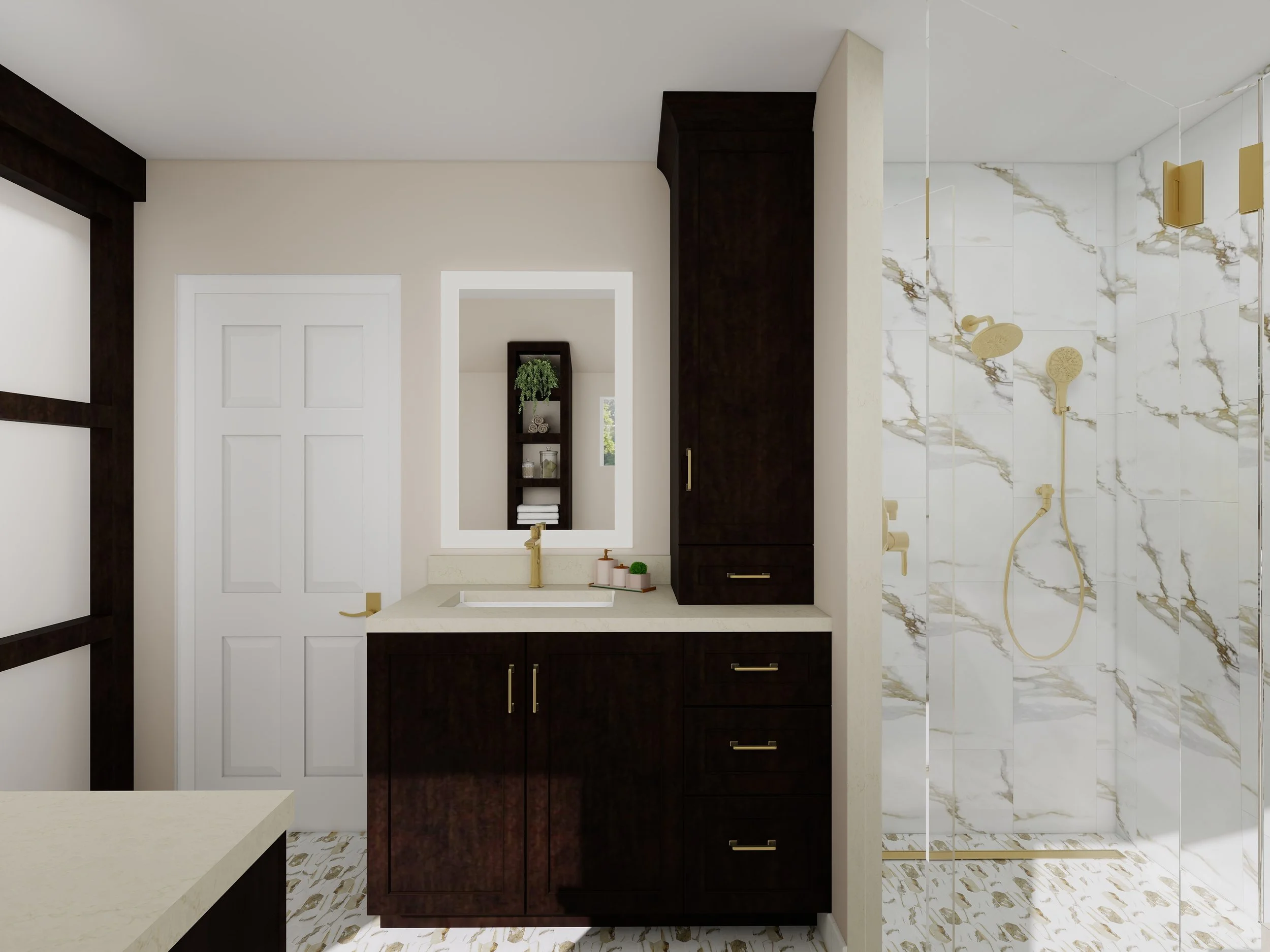 Modern bathroom with dark wood cabinetry, marble accent shower, and beige walls.