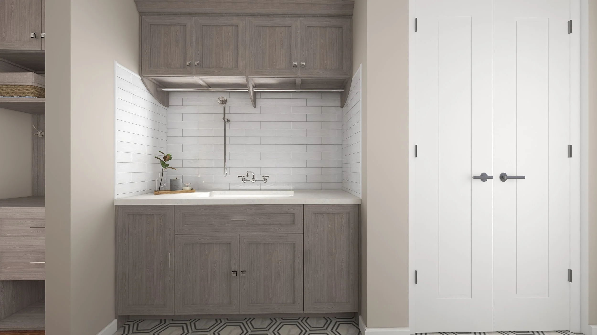 Modern bathroom with wooden cabinetry, a white subway tile backsplash, white countertop with a sink, small plant, and neatly arranged accessories. White paneled closet doors are on the right.