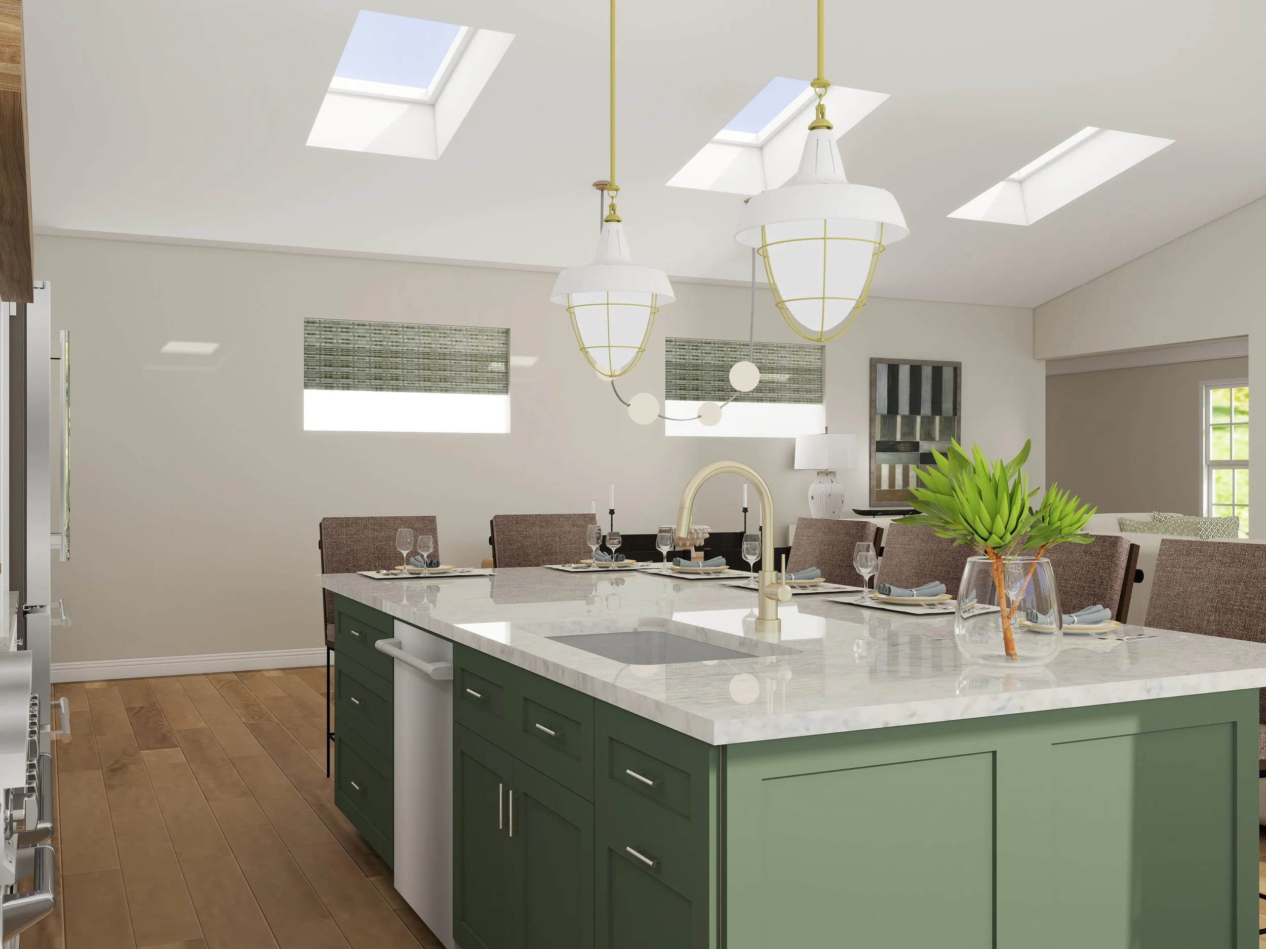 Modern kitchen with skylights, pendant lights, and a center island with a green base and white countertop. There are dining chairs around the island, a plant in a glass vase, and kitchen windows with blinds.