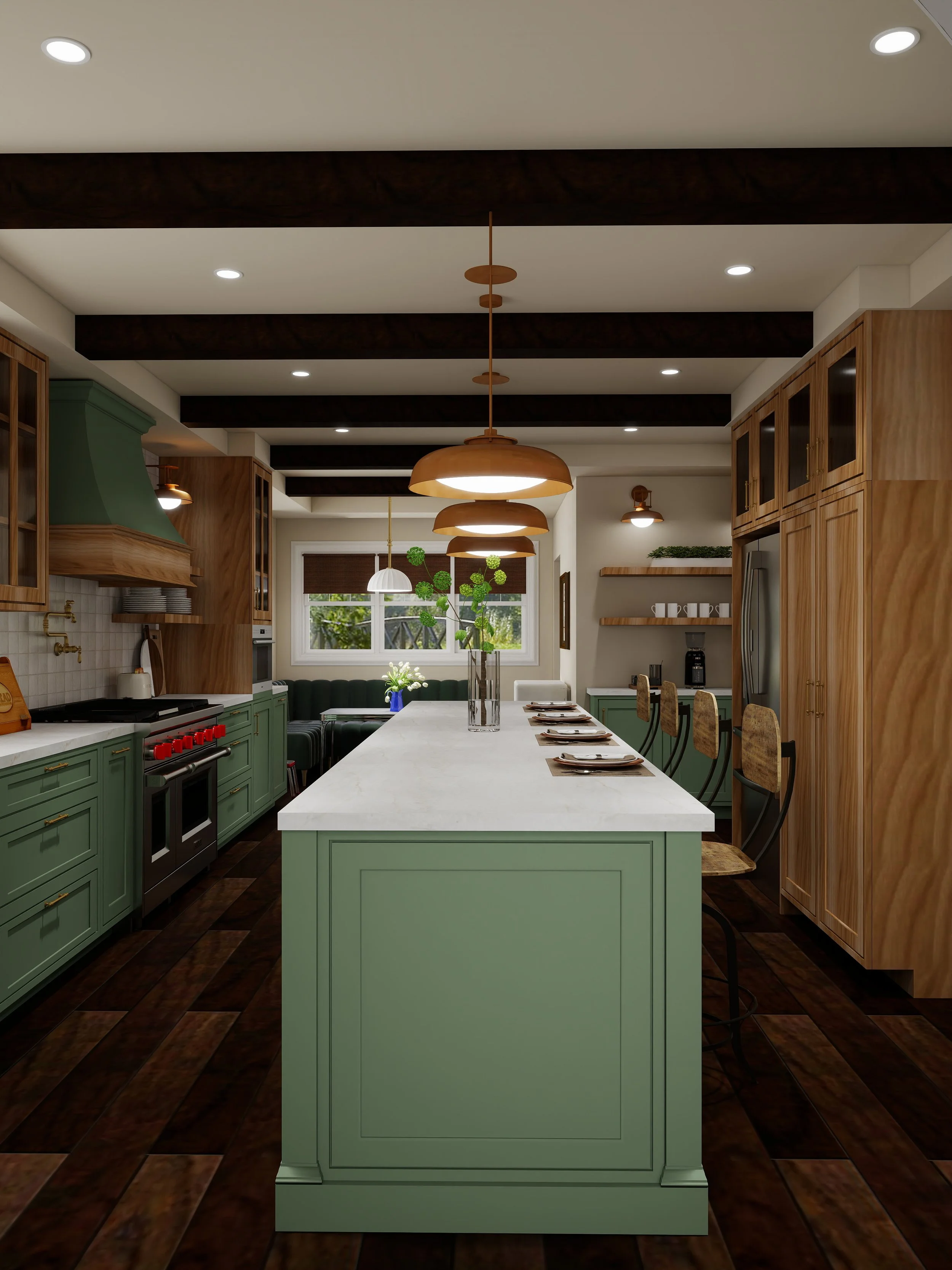 Modern kitchen with green cabinets, white countertop island, wooden beams, hanging pendant lights, and a window with greenery outside.