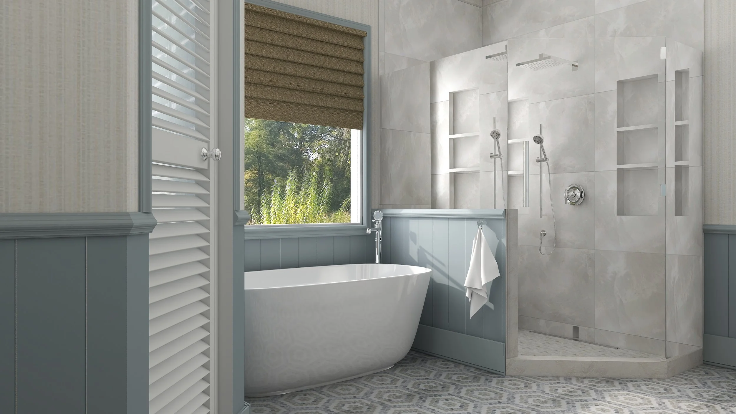 Bathroom with a bathtub near a window, and a walk-in shower with built-in shelves and rainfall showerhead.
