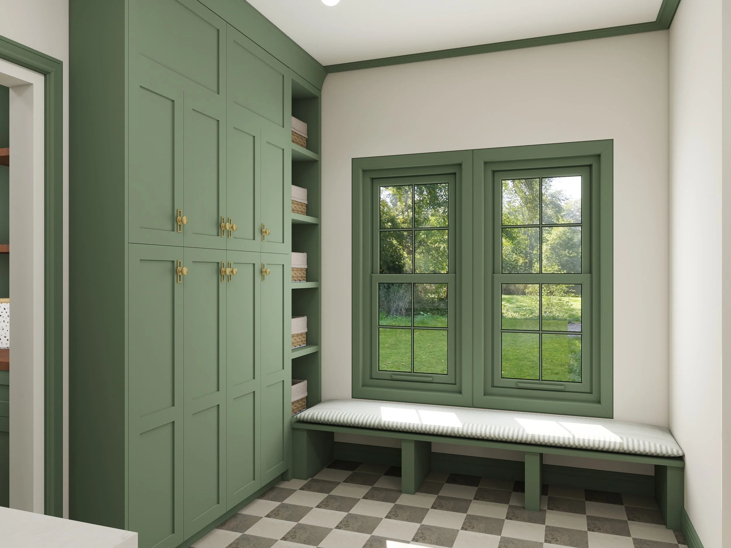 A corner of a room with green cabinetry and window frames, a built-in bench with a striped cushion, and a large window showing greenery outside.
