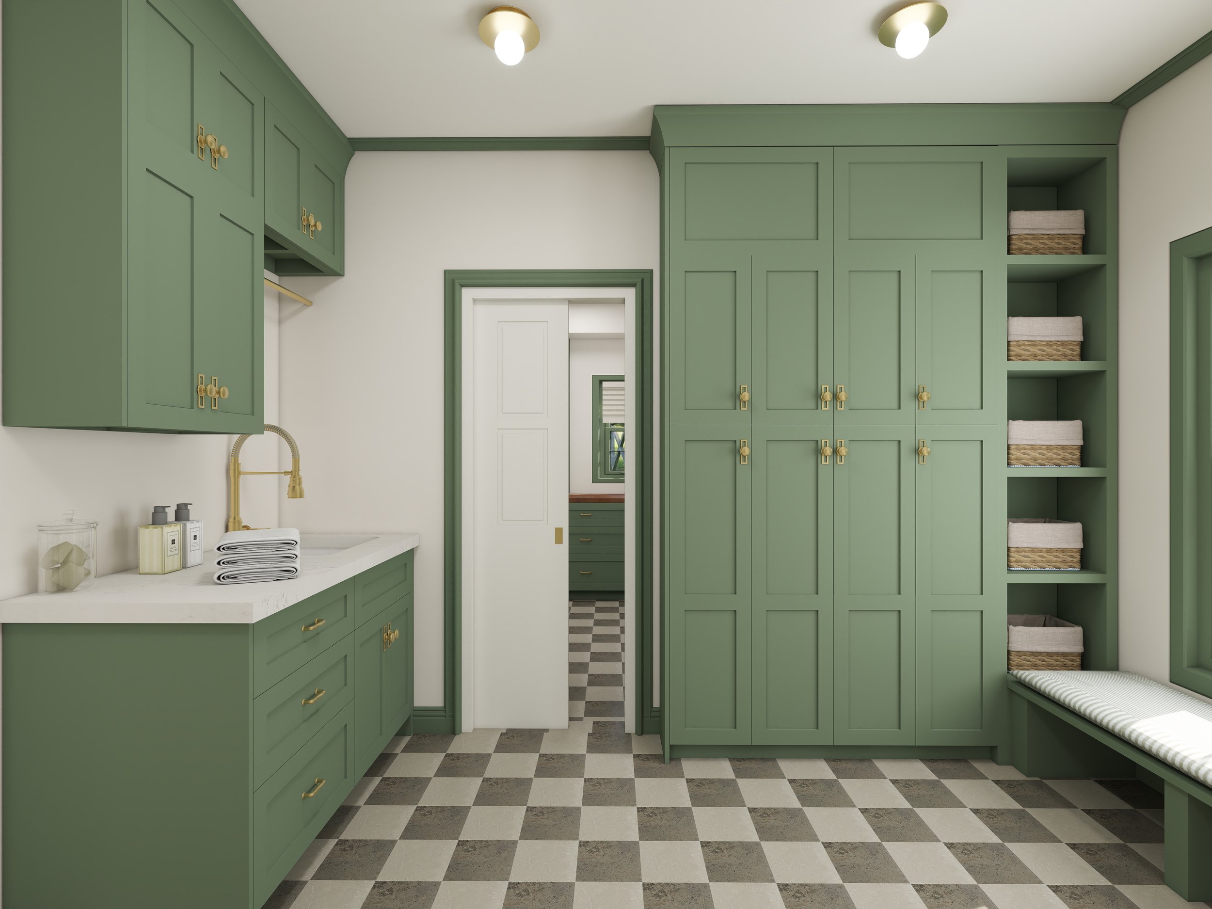 A laundry room with green cabinetry, black and white checkered floor, white walls, a white countertop with folded towels, soap dispensers, and a gold faucet. There are shelves with baskets and a doorway leading to another room.