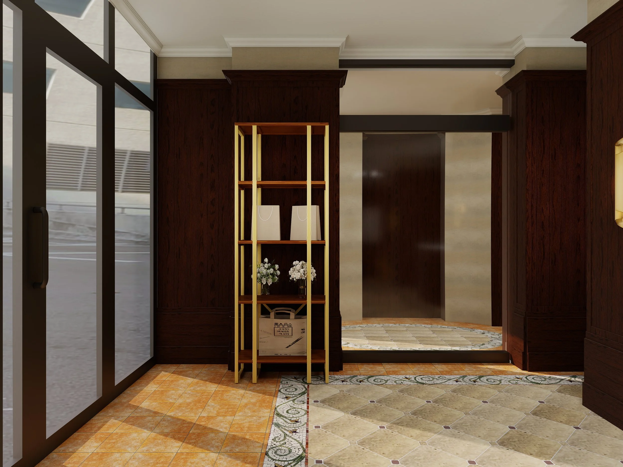 Indoor view of a modern space with dark wood walls, a decorative tiled floor, and a metal shelving unit with flowers and a box, near a glass door with a metal handle.