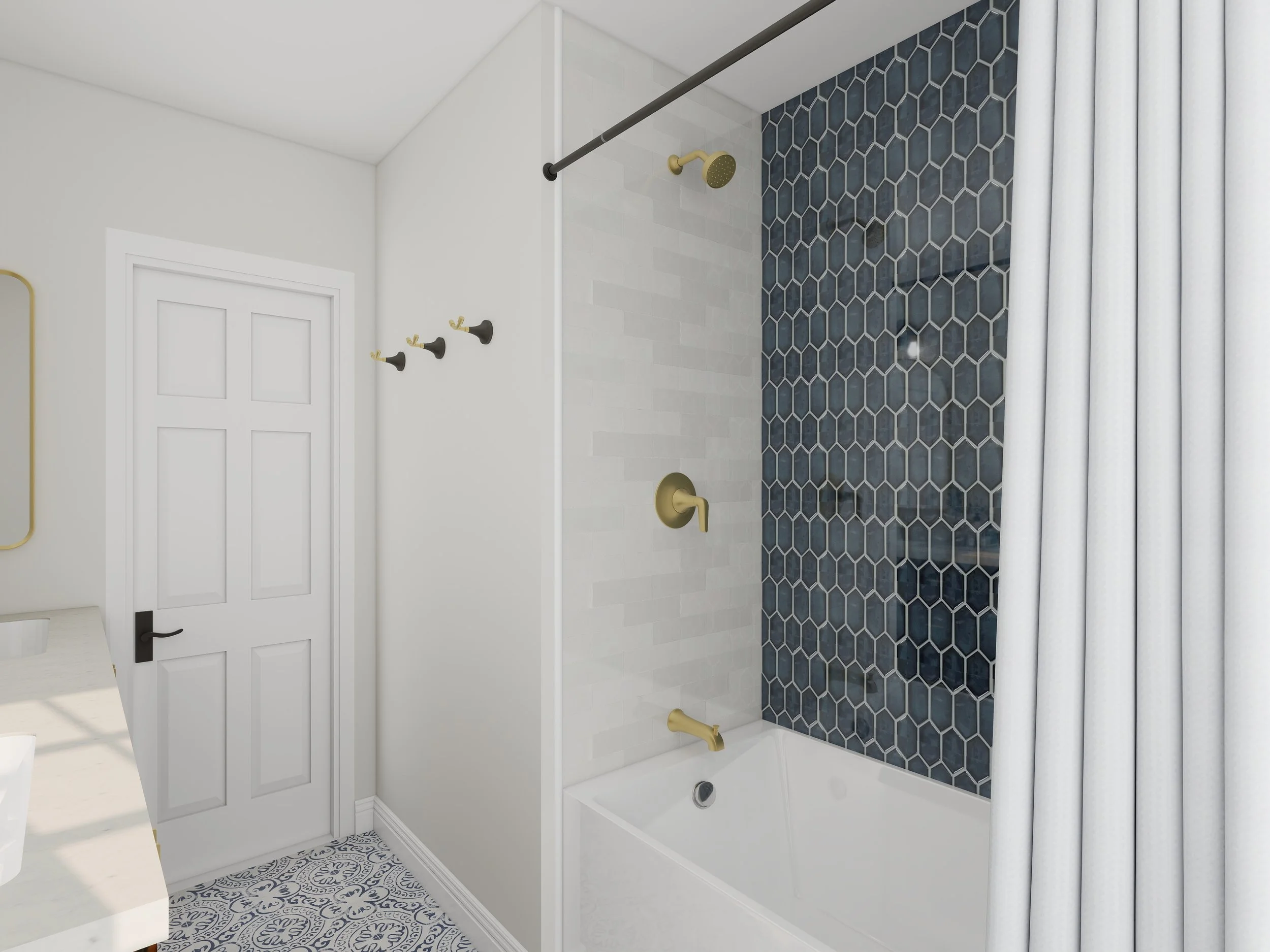 Interior view of a bathroom shower area with a white bathtub, dark hexagonal tile wall, a gold showerhead, a shower curtain, a white wall with three black hooks, and patterned floor tiles.