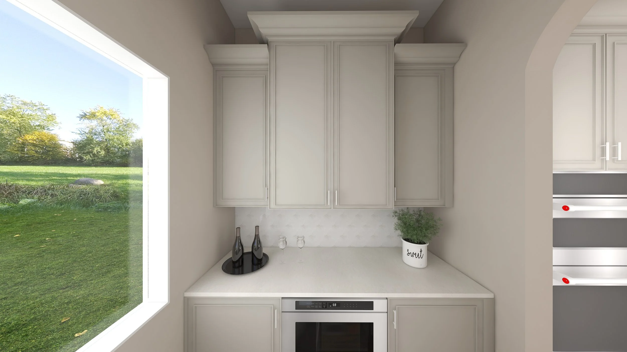 Kitchen with white cabinetry, countertop, and a window overlooking a green lawn and trees outside. Decorative bottles and glassware on the counter, and a potted plant labeled "sweat" in a white container.