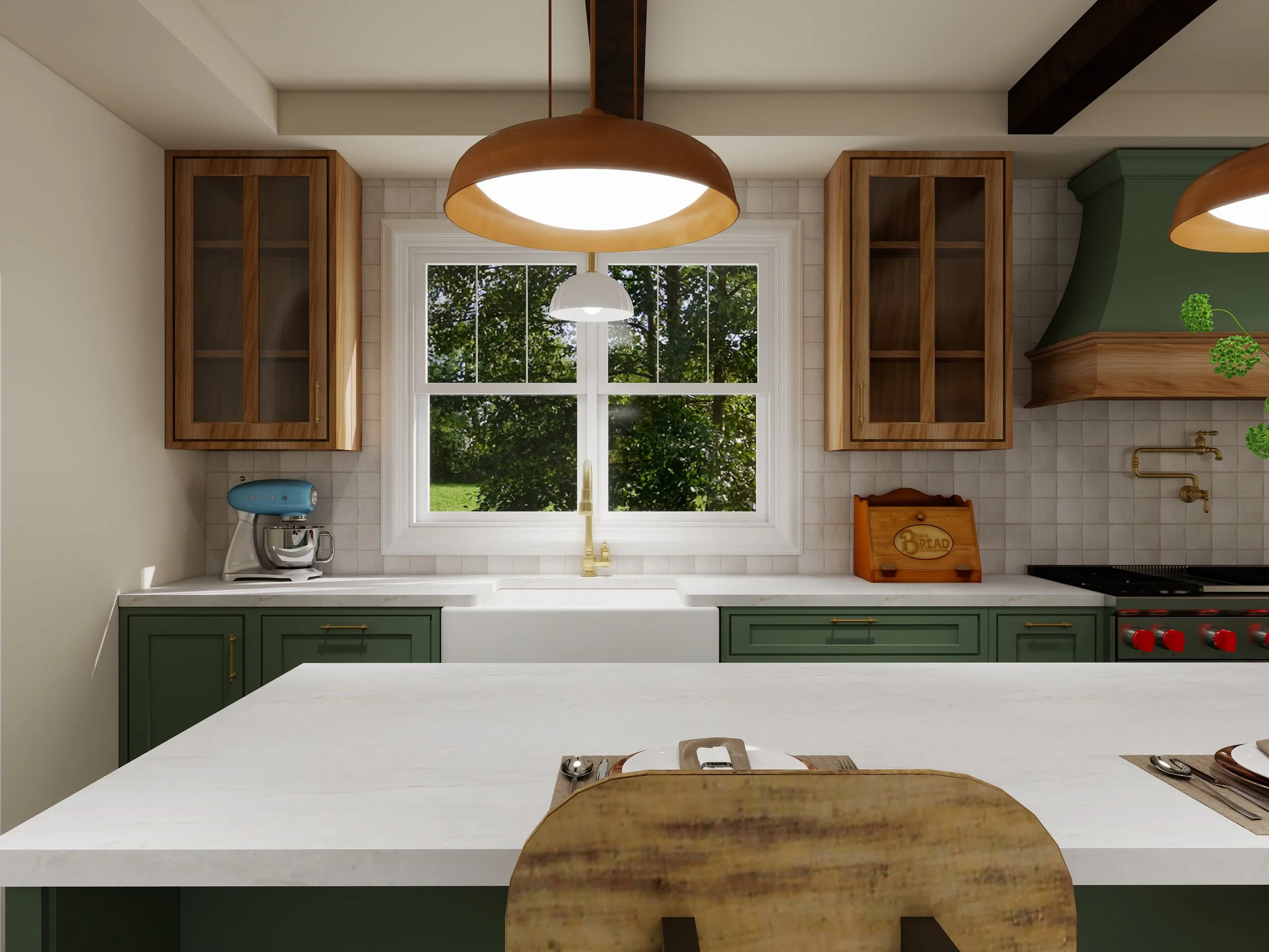 A bright kitchen with green lower cabinets, wooden upper cabinets with glass doors, a white countertop, a window showing green trees outside, and vintage-style pendant lights hanging from the ceiling.