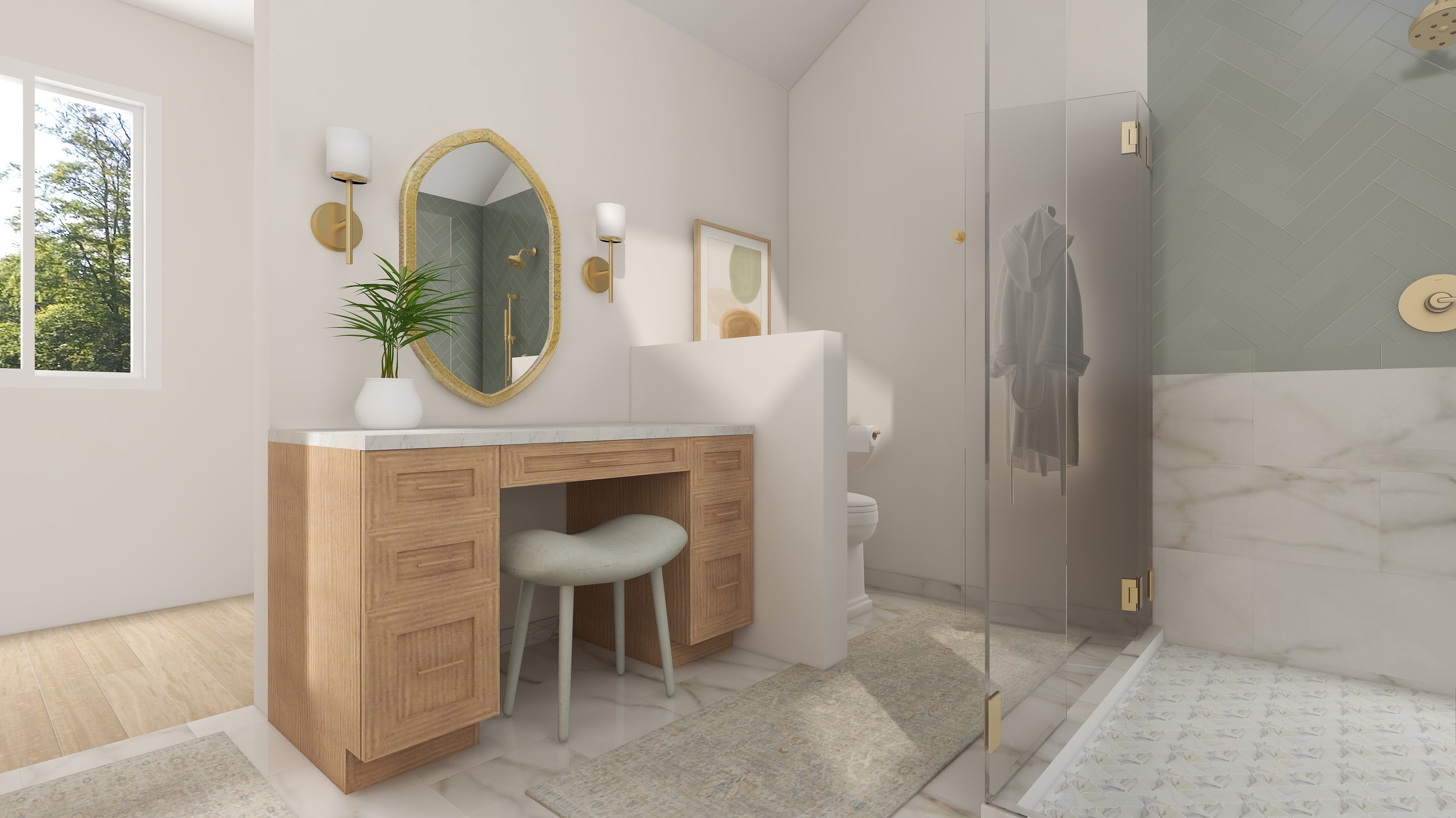 Modern bathroom with a wooden vanity, oval mirror, white walls, and a glass-enclosed shower with marble and green tile accents.