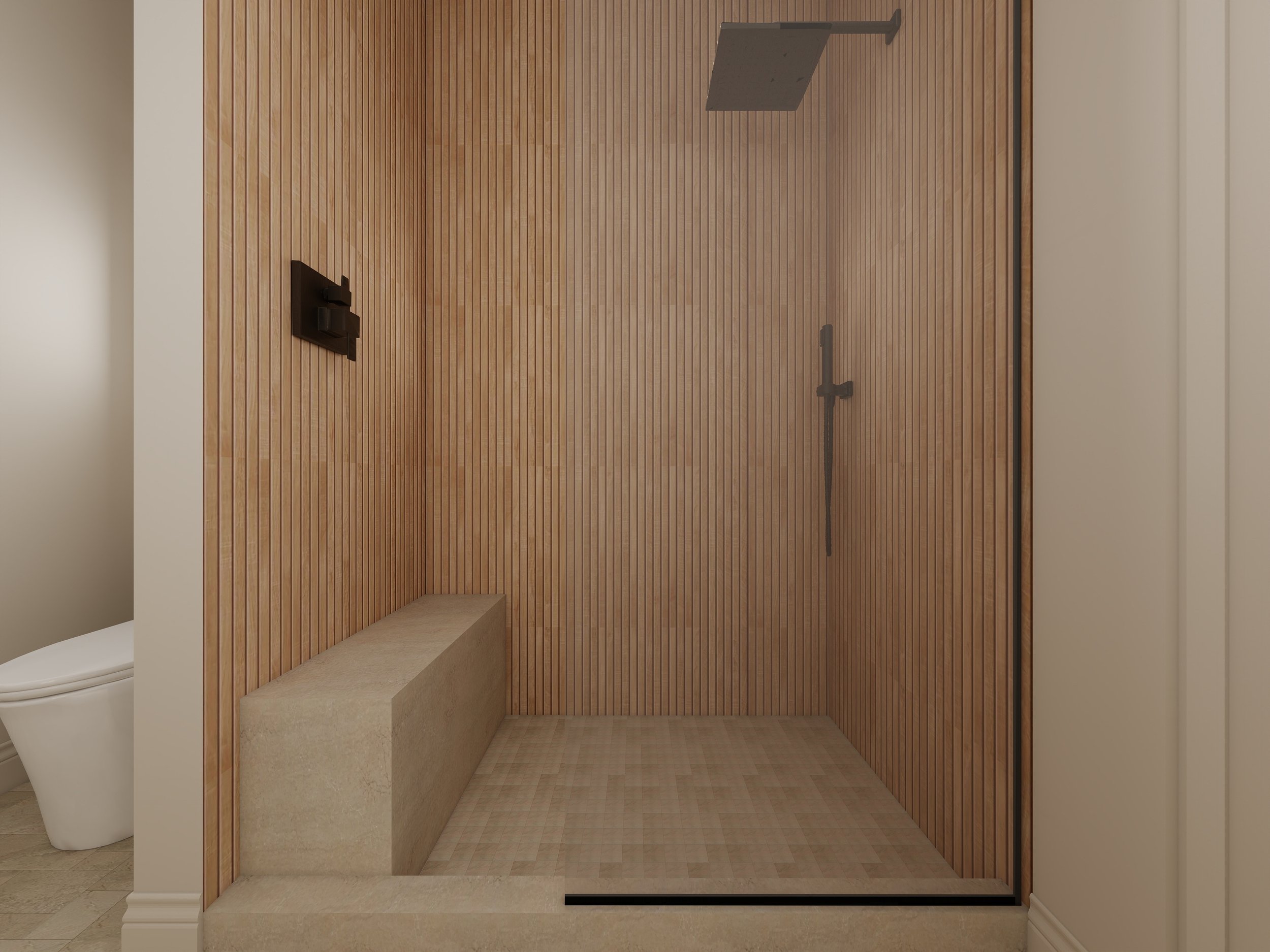 Shower area with wooden wall paneling, a black overhead shower, a black hand-held shower, a built-in stone bench, and a beige tiled floor.