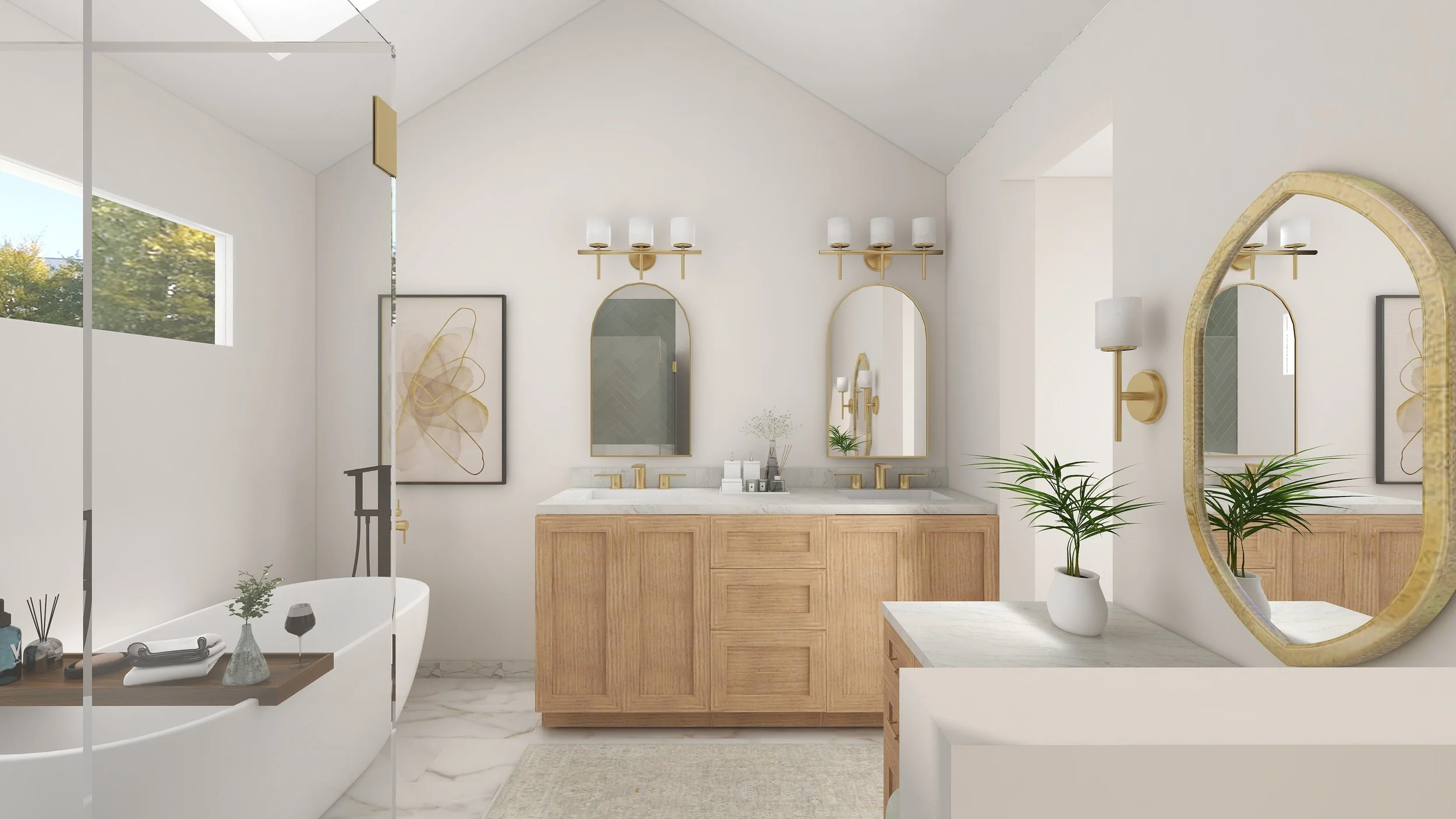 Modern bathroom with a freestanding bathtub, double sink vanity with wooden cabinet, large mirror, abstract art, plants, and gold accents in lighting and mirror frame.