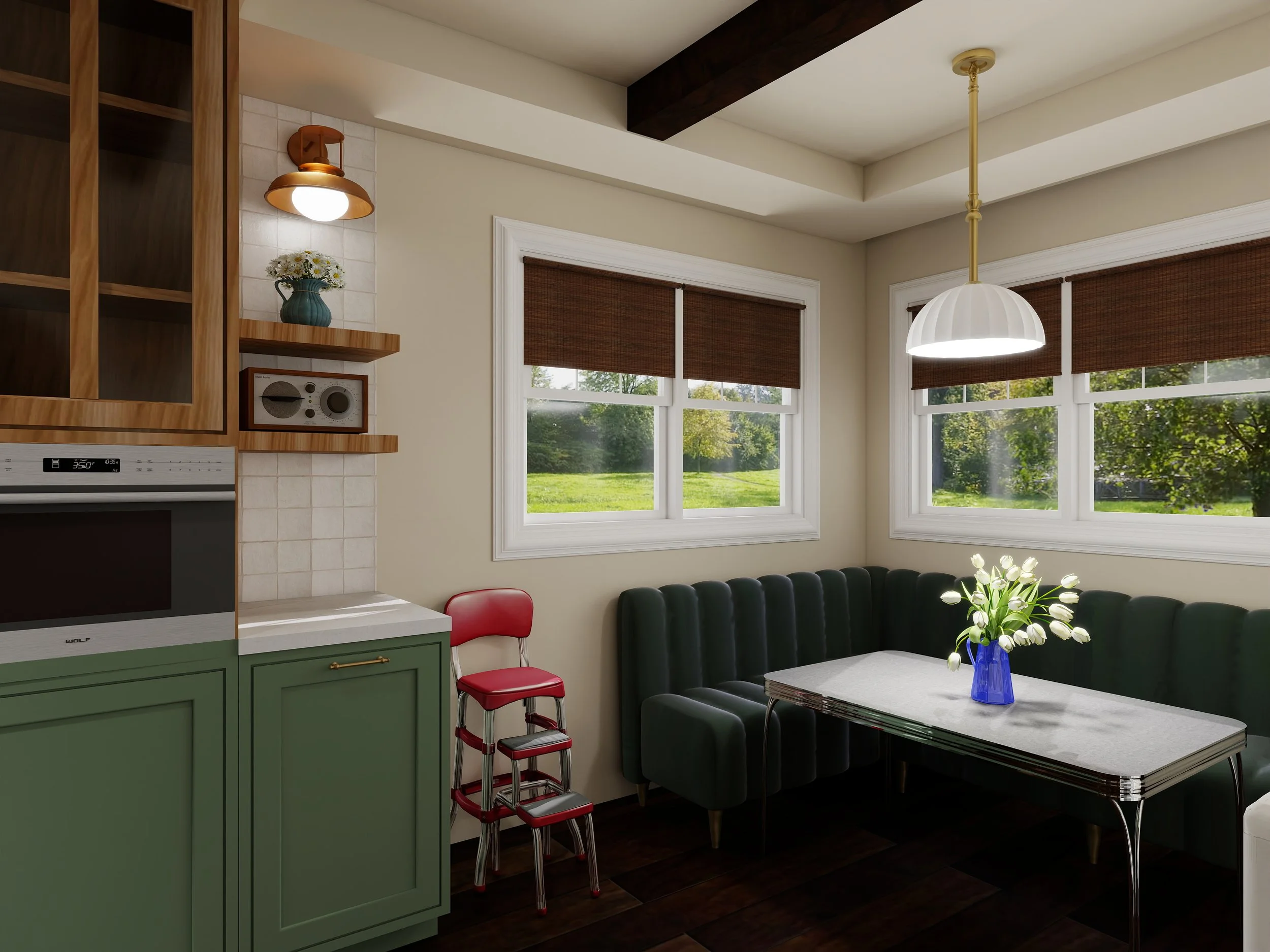 A cozy dining area with large windows, a dark green leather banquette, a white table with a blue vase holding white flowers, a red and silver step ladder, wooden cabinets, a hanging white pendant light, and a ceiling with dark wooden beams and a smal