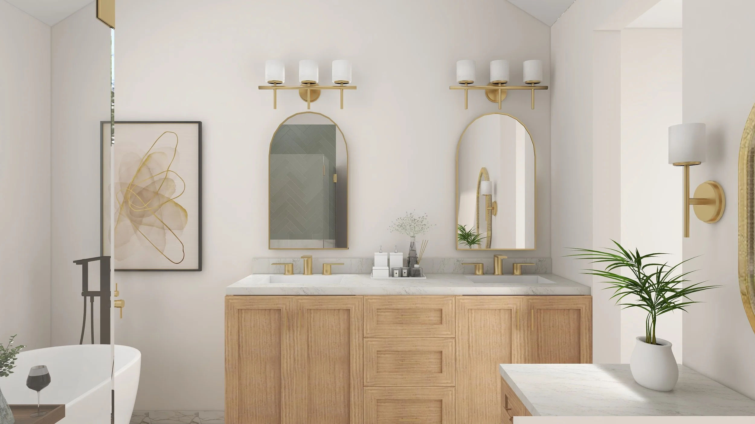 Modern bathroom with wooden vanity, two mirrors, gold fixtures, artwork, green plants, and a walk-in shower with a glass door.